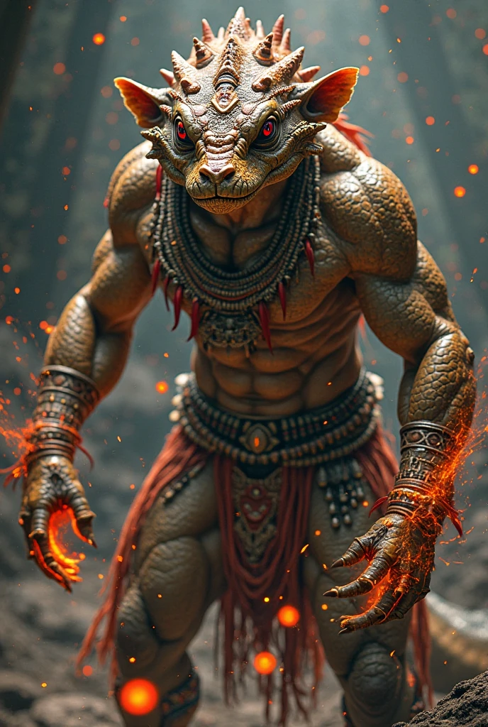 Humanoid monster with scaly skin between brown and green, with many scars on the body, bright, feline yellow eyes, sharp fangs protruding from its mouth, With a furious glare, human face, wearing tattered and aged medieval clothing, brawny, with a torch in one hand, hands and feet with long, sharp claws, inside a dark, damp medieval dungeon, realistic full body photography