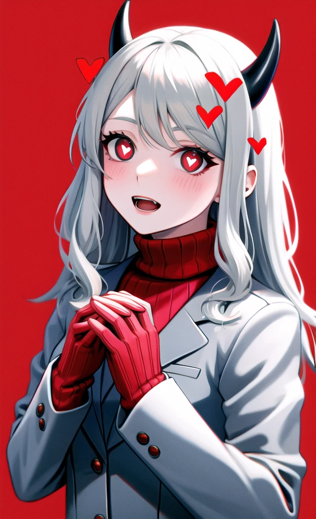 anime girl with white hair and a red heart on her chest, yandere. tall, junko enoshima from danganronpa, gapmoe yandere, yandere, digital art from danganronpa, yandere intricate, [[[[grinning evily]]]], attractive matoi ryuko, kantai collection style, heart emblem on chest