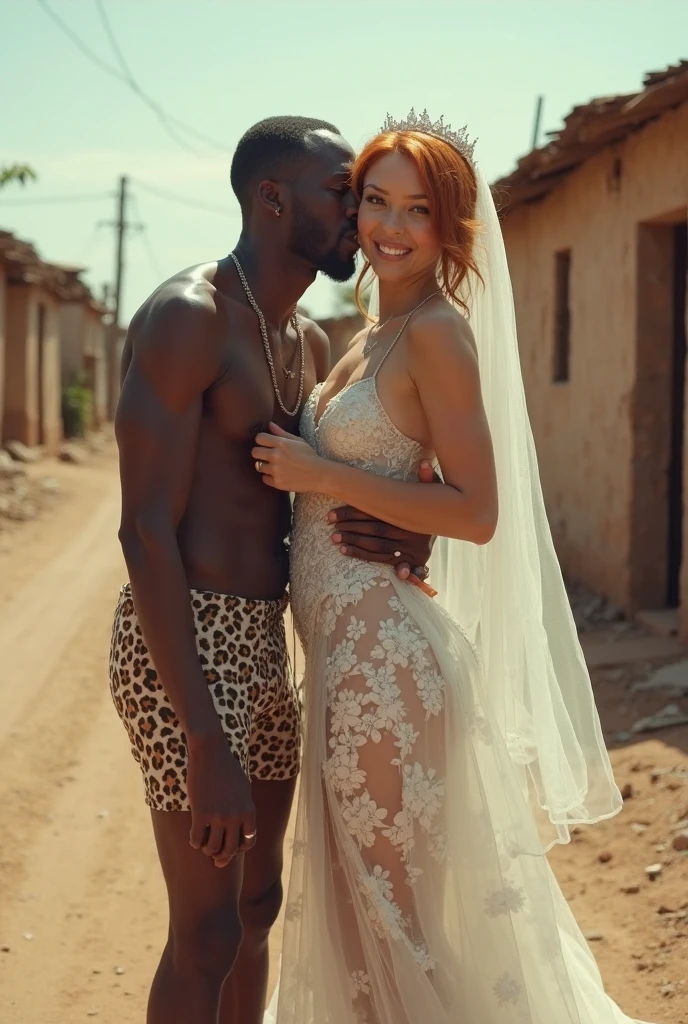 Black man hugging naked white pregnant bride with short brown hair holding flowers at beach wedding ceremony