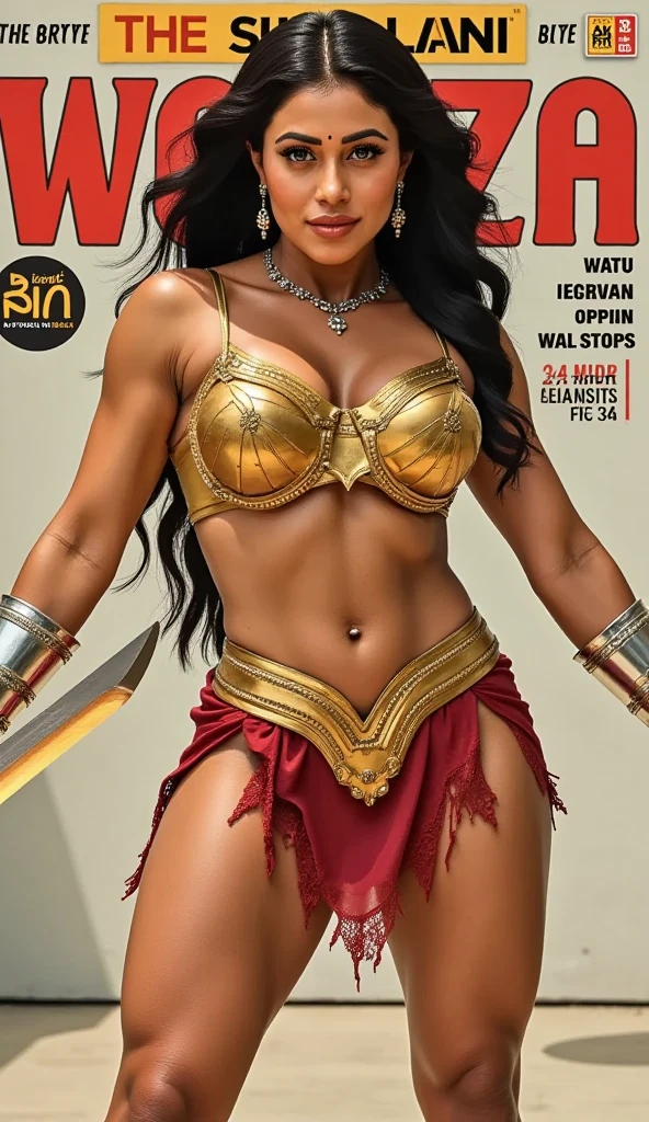 (((mulher))), (((melhor qualidade))), (((obra prima))), (((adulto))), Uma mulher gladiadora loira, of 30 years with athletic body, arabic , capuz, (((sozinho))), (((1girl))) , Gladiadores do Brooklyn, quase nua no estilo selvagem urbano de Simon Bisley para a capa da revista Heavy Metal, cabelos moicanos, pose sensual, tiny leather panties, , Minimum clothing, black and red arabesque pattern, armadura, cheio de pontas e estrelas, (((do joelho pra cima))), mohawk hair with small braids, explosion of colors, Wowdk