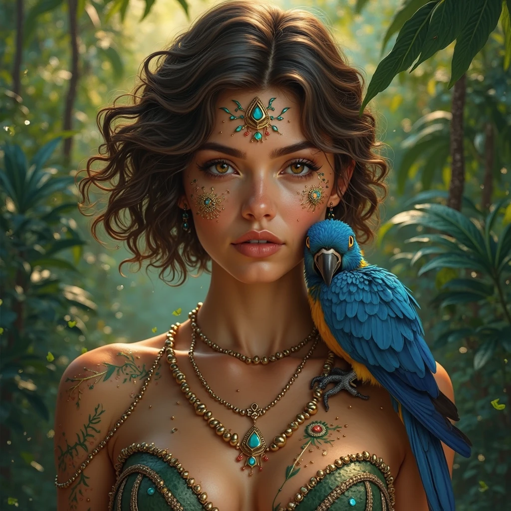 A mesmerizing hyper-realistic portrait of a human-bird creature, masterfully crafted in the distinct style of Esao Andrews. The bioluminescent girl, with her slender body and intricate internal structure, is unlike any other. Her transparent skin reveals a stunning array of multi-colored neon dots that glow brilliantly, while her small, round appendages serve as arms. She tenderly cradles her otherworldly bird-like face, surrounded by an enigmatic atmosphere. The artwork deftly blends Esao Andrews' signature artistic techniques, evoking feelings of wonder and mystique that captivate the viewer's imagination.