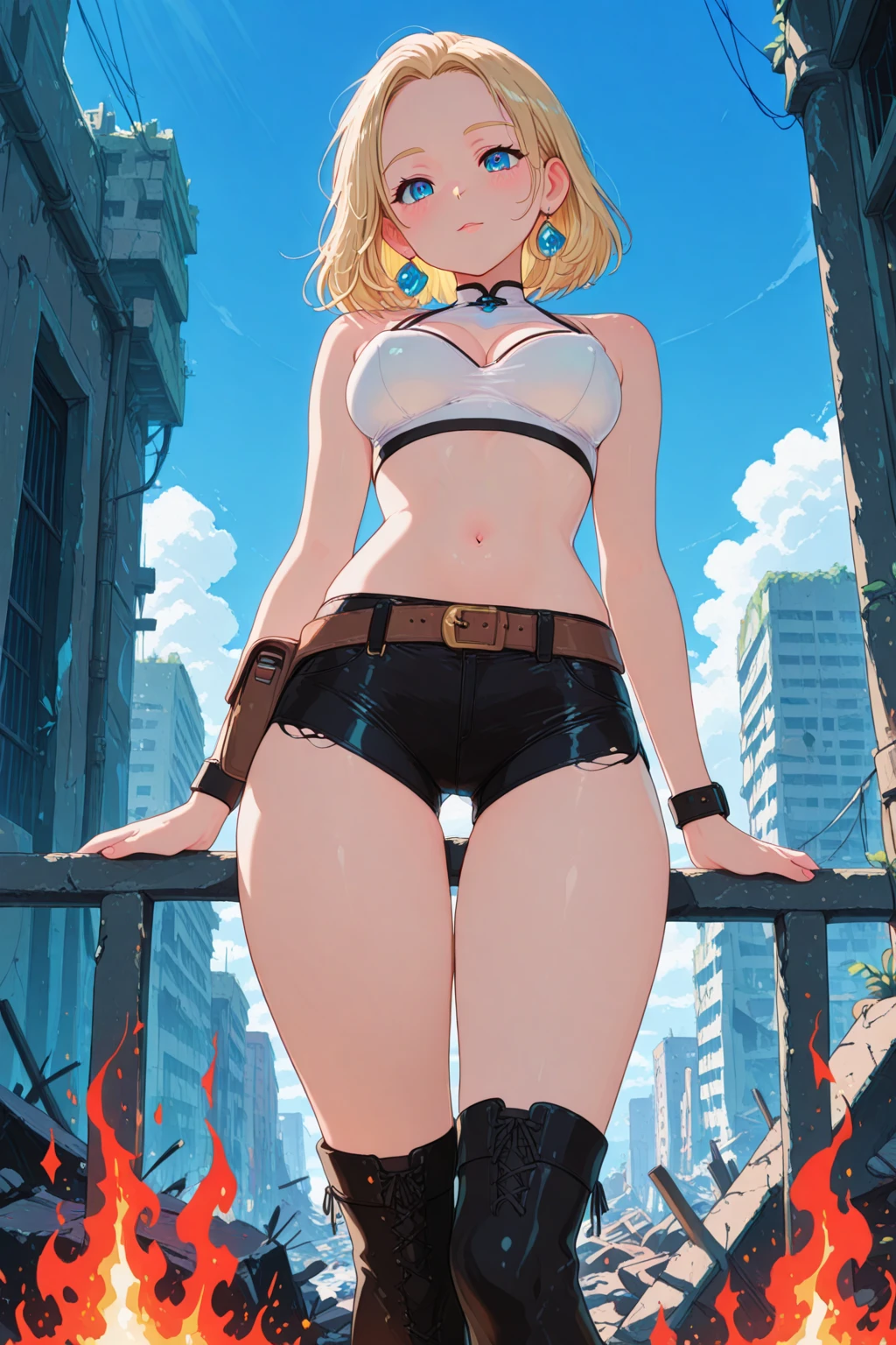20 years old woman, milf, beautiful, short blonde hair, blue eyes, pale white skin, amazing Body, big breasts, thick thighs, milkmaid, super micro small translucent open dress, without bra, pose simple, blurred background. No blur lines, perfect lines and details, (masterpiece), small armor that barely covers her. No panties, perfect detailed colors and shadows, full body picture. Erotic woman, most erotic and sexy girl on the planet, nsfw, most beautiful face, deep cameltoe, showing nipples, nsfw, in the top of a building, small sexy bra armor