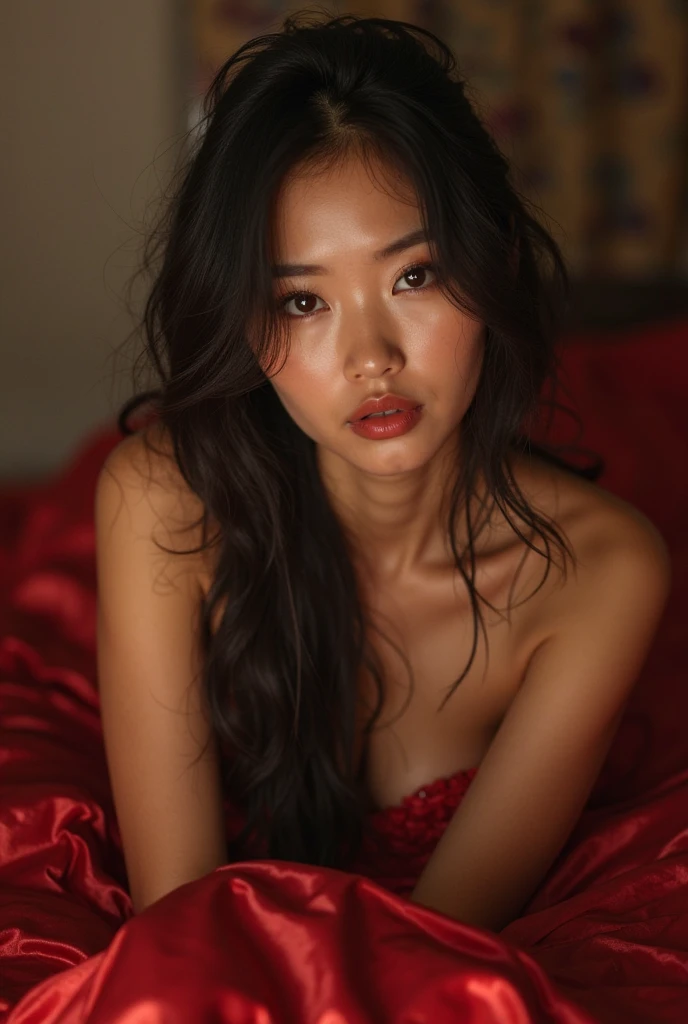 high quality, 8K Ultra HD, A beautiful girl with pure black eyes and long black hairs 5.8 height  long face and red lips sit on chair in red transparent bra
