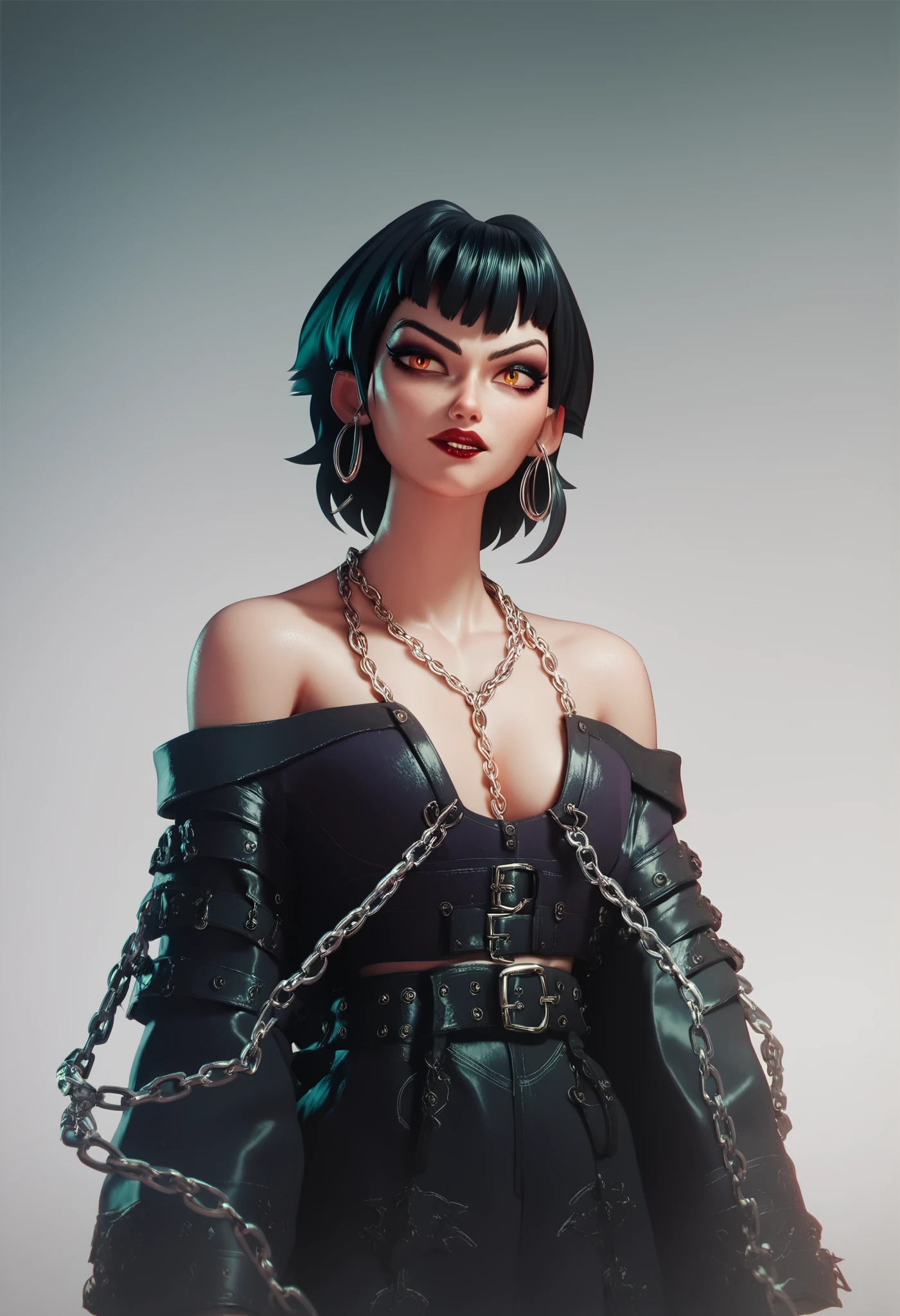 A k-pop demon hunter character. A woman with long and wavy black hair. Baggy clothes, black/purple/green. Many silver jewelry/chains. Evil, 