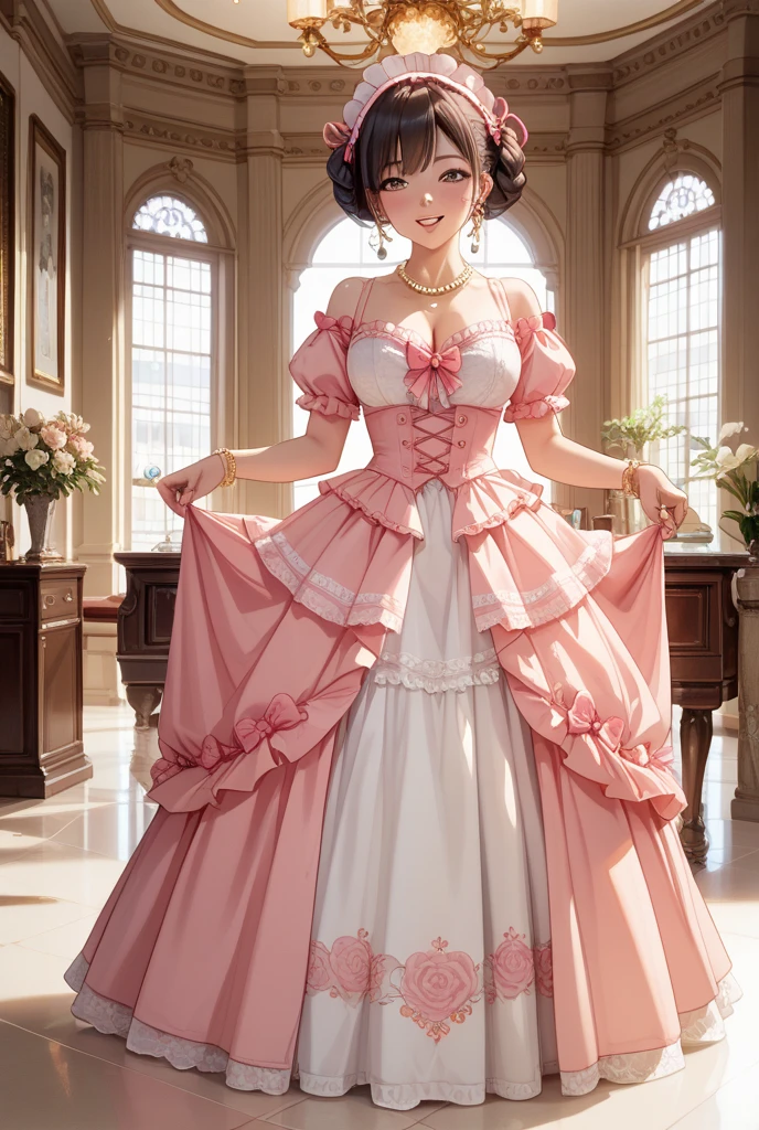 ((best quality)), ((masterpiece)), (detailed), perfect face, adult female, dark hair, dark eyes, light tan skin, chubby body, regency gown, regency era, full body, pink gown, cleavage, chemise dress, chemise gown, updo