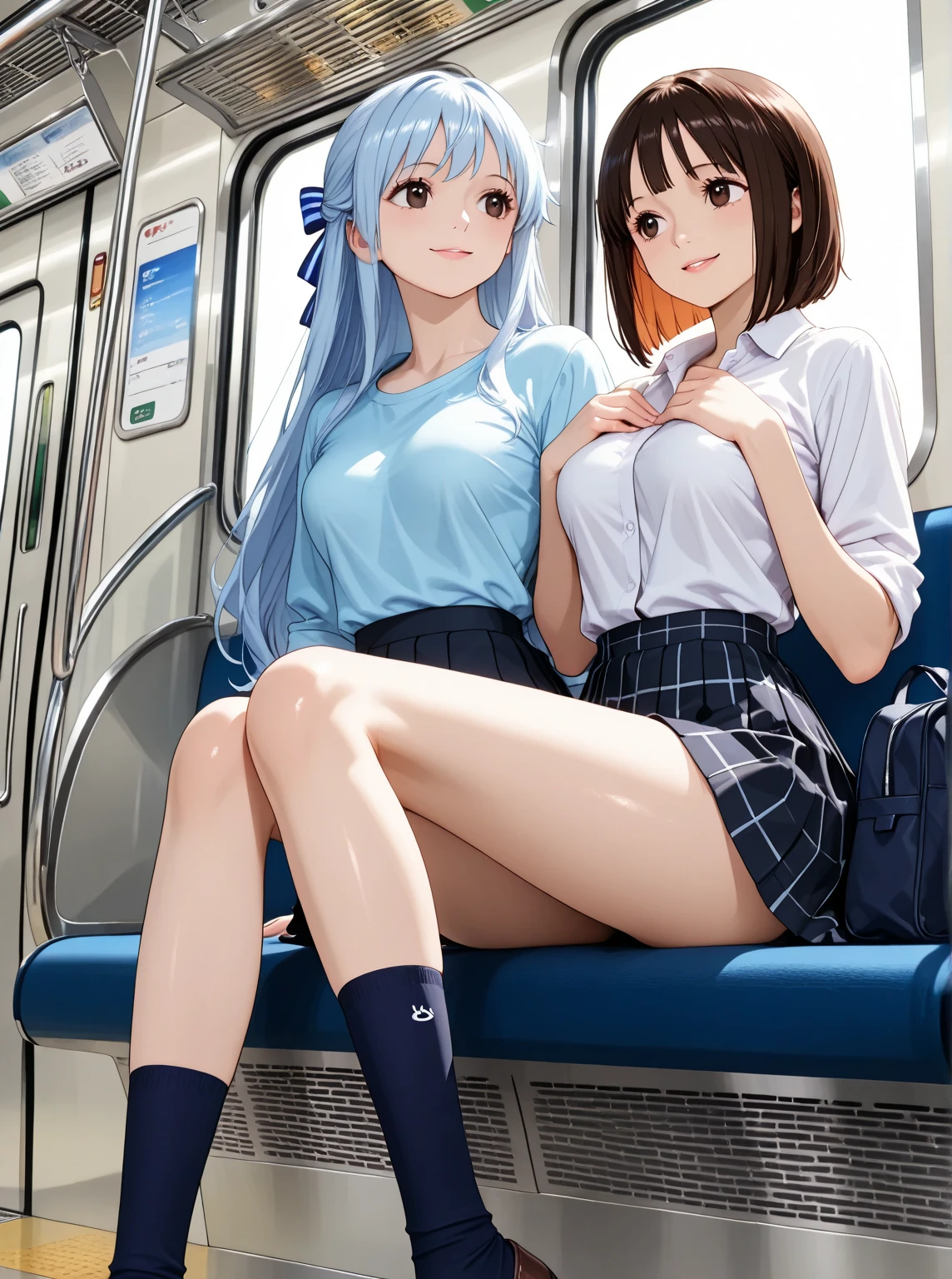girls sandwich、Two girls are depicted、colorful hair、beautiful girl、highest quality、embarrassing smile、beautiful girl、masterpiece、High-definition images、The belly button is visible、open jacket、navy blue blazer、cleavage exposure、off shoulder、Thigh emphasis、on the train、25 years old、mini skirt、underwear is visible、slender body shape、sitting on a chair、Angle from above