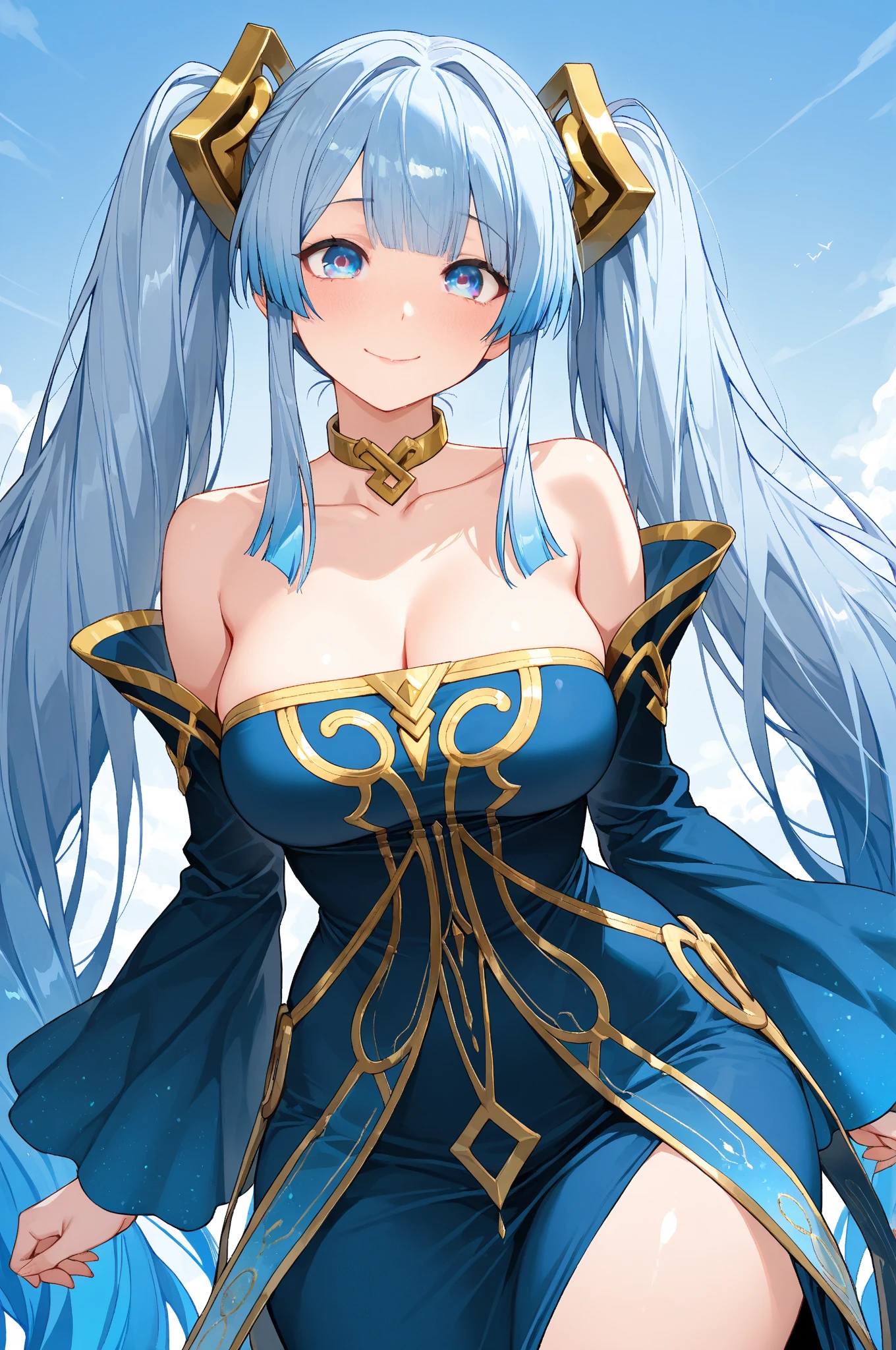 <lora:SC_Coolsan_MSV1:0.9>, skcoolsan,mature female,lightblue hair, long hair,brown eyes,skcoolsan,lightblue hair, long hair,brown eyes,sunset, palm, warm colors,bare shoulders, cleavage,calm smile, elbow gloves, looking away