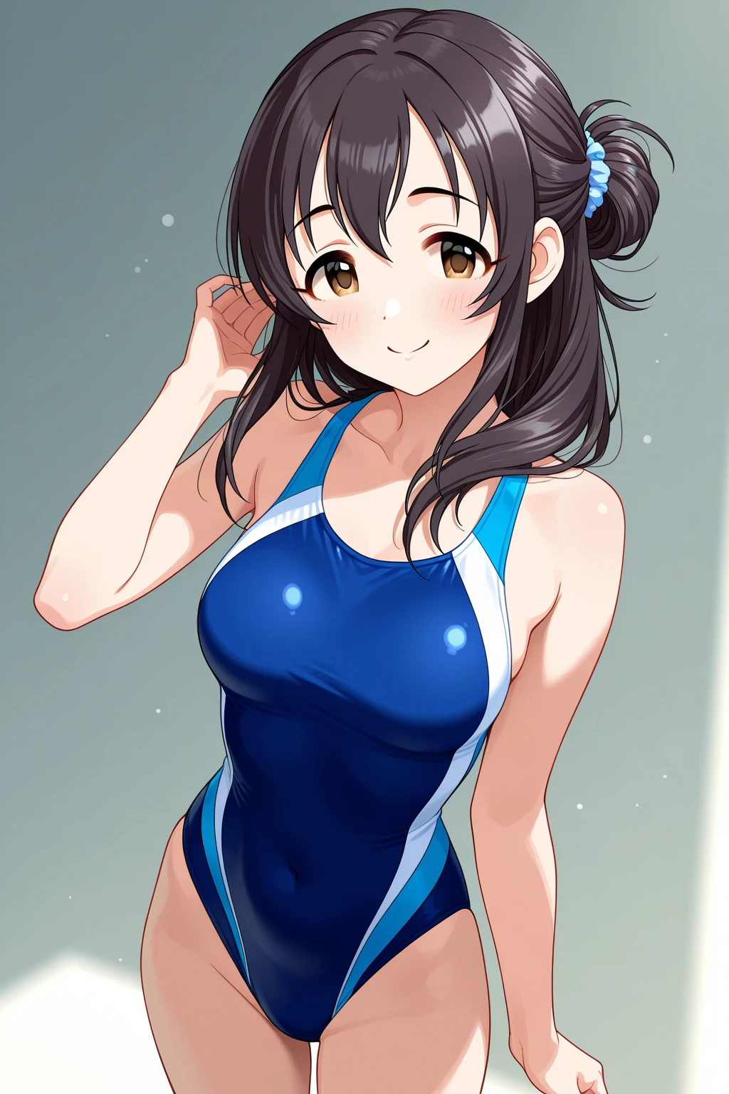 (masterpiece、Highest quality、In 8K、High resolution:1.2)、alone、One Girl、  Fumika Sagisawa、Feeling embarrassed、Look at the viewers、whole body、Transparent competitive swimsuit、Transparent racing swimsuit、Glossy body、Wet body、locker room、Low - Angle