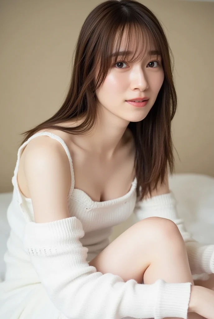 highest quality、Best image quality、masterpiece、Full-body photo、18-year-old female, Full nude body high school girl、Dark brown hair、Wavy Hair、Mid-Long Hair、Bans、Puffy nippleedium Milk, Cute Smile、(((Sit on the stairs、Spread your legs、Open your knees)))、(Emphasize the chest)、Sexy Hips、School stairs、Picture below、White sheer lace thong panties、Full-body photo