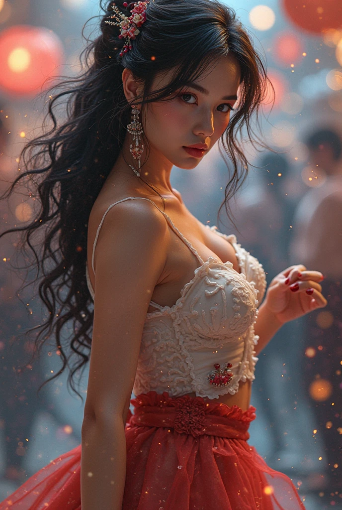 Best Quality, Masterpiece, Ultra High Resolution, (Realistic: 1.4) 1 Girl, beautiful_face, Detailed Skin, Full Body, Yuhuo, Fire, Jewelry, Solo, Earrings, (Fire: 1.3), Blur, Realistic, Lips,