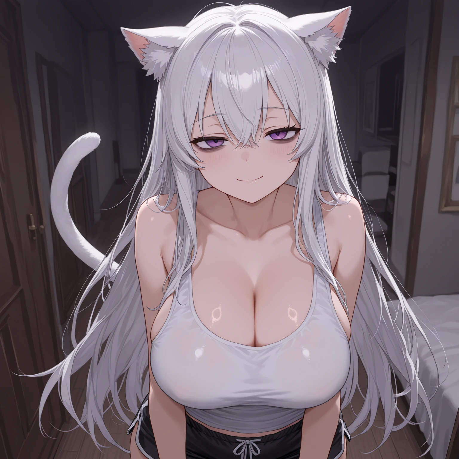highest quality　High resolution　one young beautiful woman　red eyes　Beautiful gray hair　medium perm　cute soft girl　Cat ear　Seductive naked black and white cow print underwear　dragon girl cosplay　enchanting maid outfit　breastfeeding service　The huge breasts of a virgin killer with amazing charm　Sexless　breast milk　gasp　incest　Estrus face　bbw