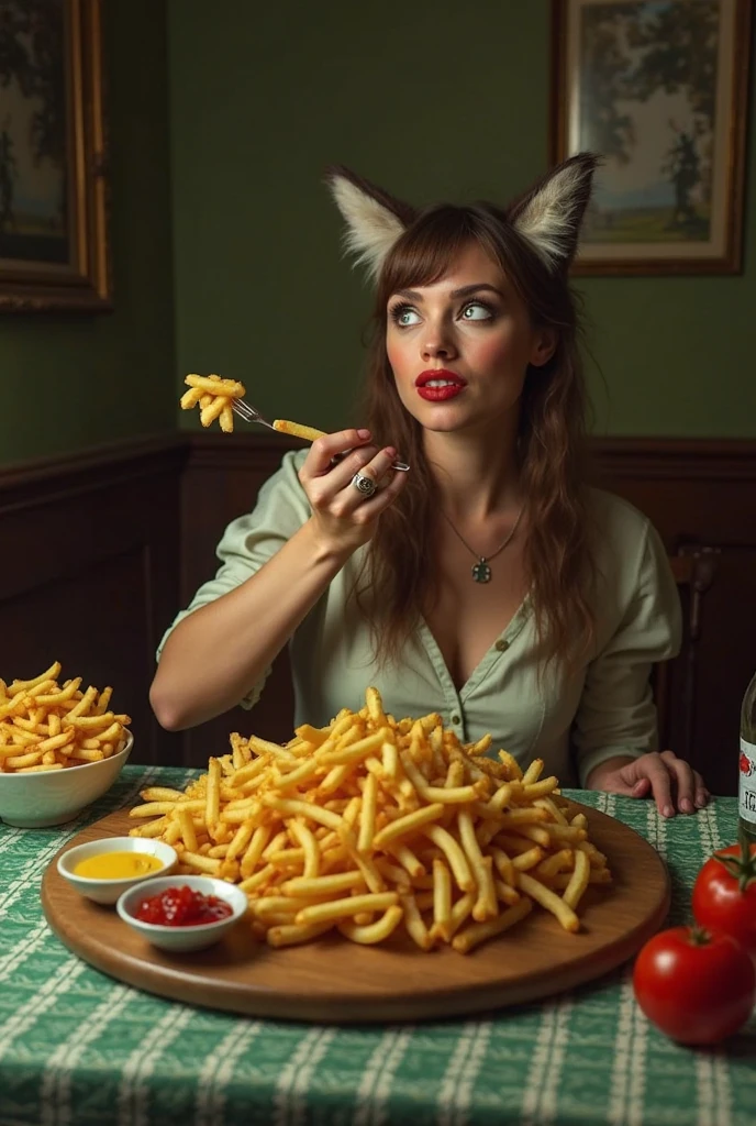 women, 24 years, naked, long brown curly hair, light brown eyes, large eyes, with fox ears and tail, eating mexican food in mexican restaurant, can of coke on the side, Canon quality photography, huge breasts, breasts in sight, standing nipples, iPhone cell phone on the side
