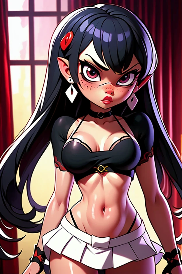 1girl, dark skin girl with long messy very dark hair, posing in front of matte black background, wearing a loose open red hoodie, black crop top with open shoulders, mini pencil skirt, big bust, posing with right hand behind head, arced back with chest jutting out