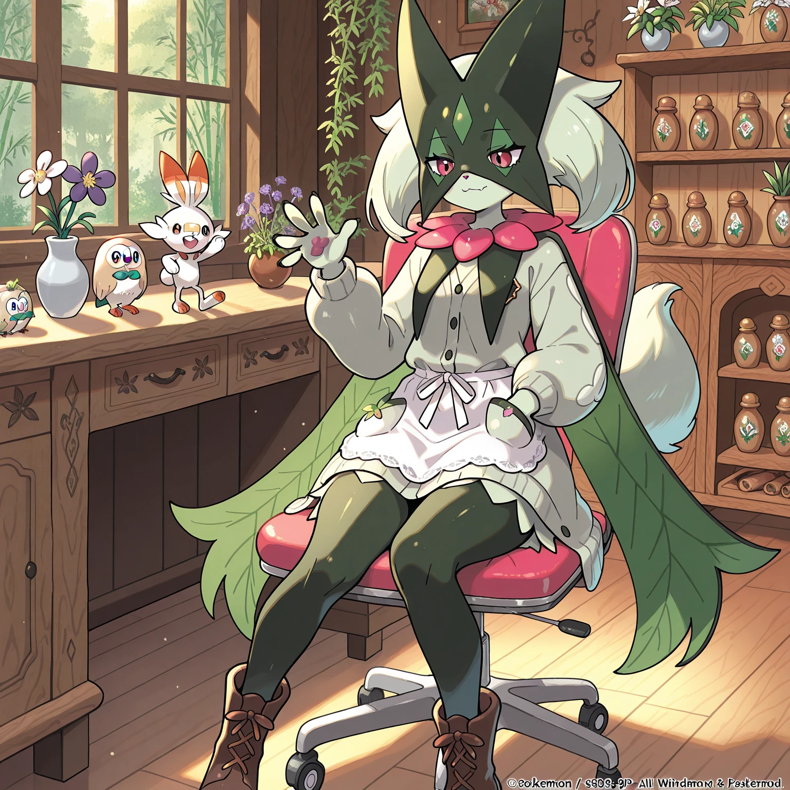 score_9,score_8_up,score_7_up, source_furry, meowscarada from Pokemon, tall slender body, furry body, eyes half open, medium breasts, :3, , ,  , she is straddling human male, her hands on his chest, :O, she is looking down at male, outdoors, on a lush grassy field, male is cropped out