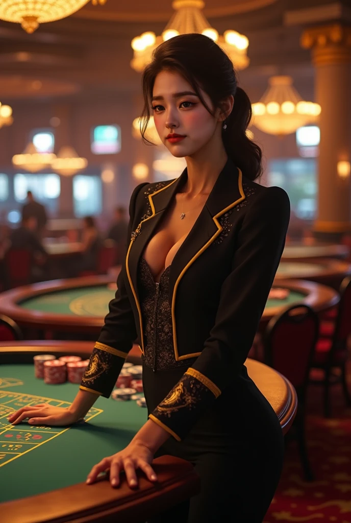 A very beautiful woman in casino suits, fashionable, sitting with elegant in a roulette table
