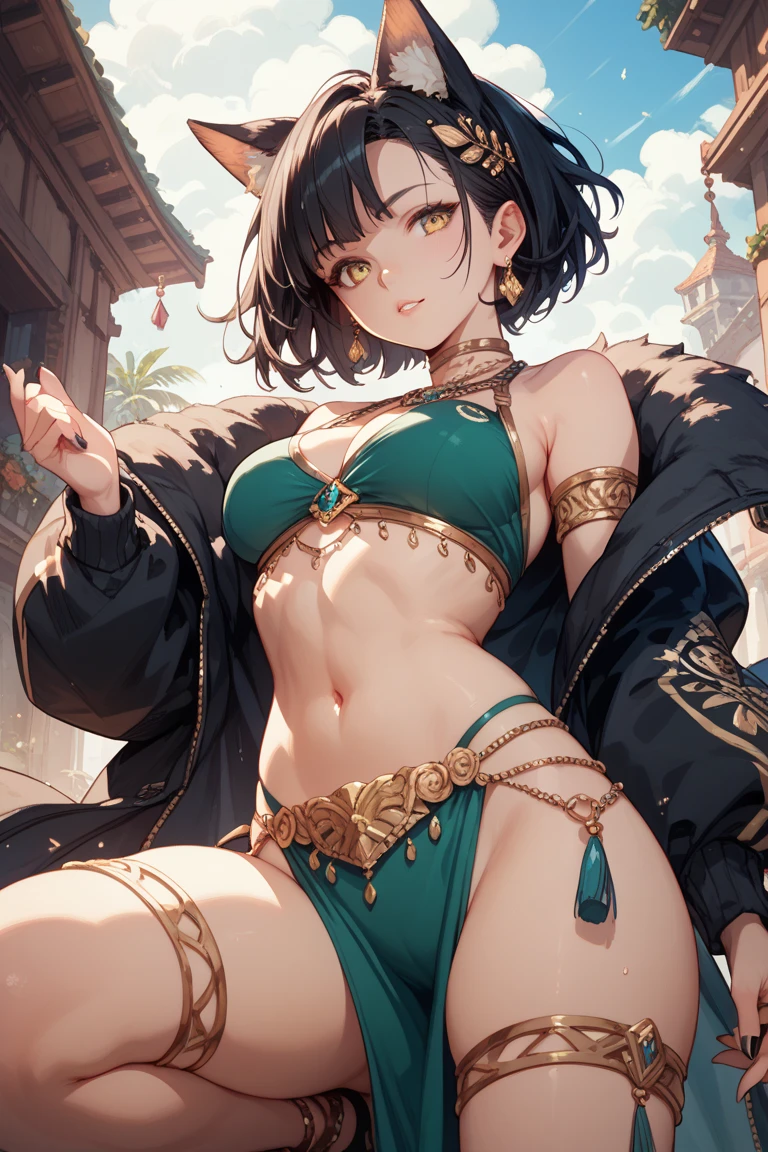 top-quality、hight resolution、detaileds, Desert People、Beautiful girl in underwear、Inside the tent at night in the desert、Brown skin tone、(Fantasy worldview)、Black Hair Ponytail、length hair、Lying on the carpet、