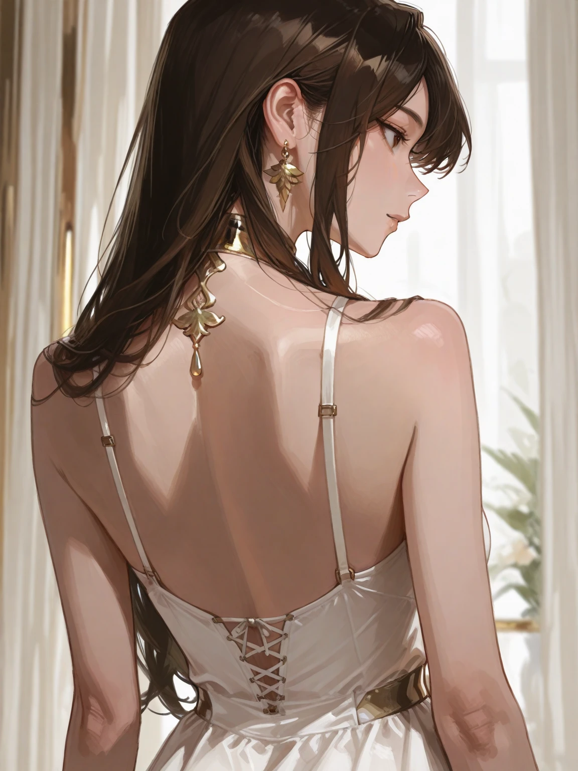 ((Highest quality)),(Ultra-high resolution),(Very detailed),(Detailed Description),((The best CG)),(A masterpiece),Ultra-detailed art,Amazing painting art,(Art with precise detail:1.5), ((Slip dress:1.3)),(Side boob:1.4),(Backless:1.4)