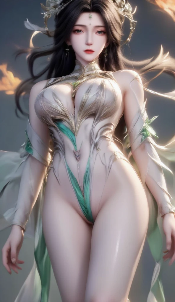 realistic, 1 women, best quality, 12k, HD, long hair, (big round breasts:1.5), cleavage, ponytail, necklace, jewelry, shorts, short jacket, slim hips, hair tie, yellow eyes, black hair, super detailed, Eye details, hair details, person details, mouth details, face details, breast details, clothes details, hair details, pants details, hand details, whole body