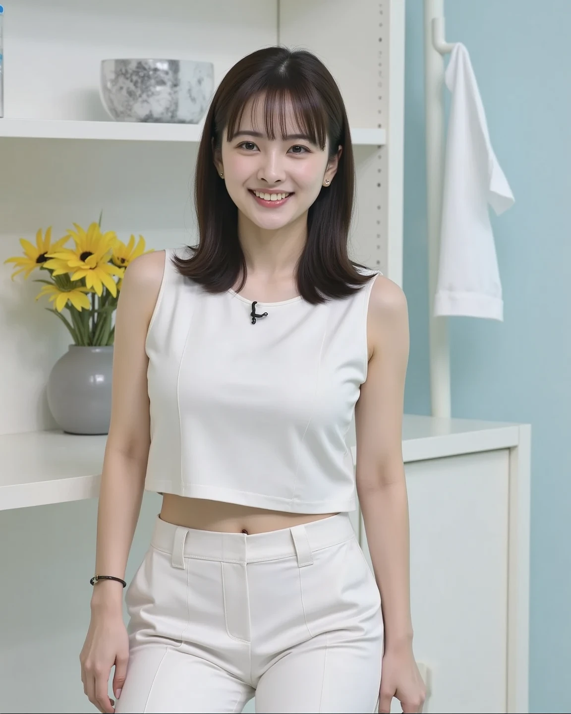 (8K、Raw photo、highest quality、Masseter muscle part:1.2)、super detailed、super resolution、(realistic、realistic pictures:1.37)、Portrait、High-definition RAW color photo、professional photography、hvery detailed and beautiful、very detailed、8K image wallpaper、amazing details、huge file size、official art、Hvery detailed CG Unity 8K wallpapers、hvery detailed beautiful girl、very detailed顔、very detailed目、very detailed肌、very fine fingers、hvery detailed nose、very detailed詳細な口、perfect anatomy、hvery detailed back ground、Hvery detailed clothing、1 girl、(18:1.2)、20th generation、cute、famous japanese idol、cute、realistic body、、white skin、glowing skin、Because I'm slender、handsome body、brown hair、short curly hair、(dull bangs:1.2)、laughter、cute、zora々right、cute faces、lifelike face、delicate eyes、ordering sauce、white shirt、skirt、earrings、look at the camera、cowboy shot、positive、contrapo, high street, dynamic lighting,((((white nurse))))、hospital、hospital room