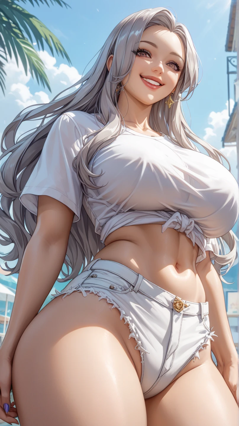 Masterpiece, hi res, absurdres, Best Quality, 4K, detailed, 1girl, female, Mature woman, large points wolf ears on top of head, wolf tail, yellow eyes, stoic face,emotionless, tall, black micro bikini, black thong, ragged jeans, long elbow length white hair, muscular body, prominent lips,toned body,abs, thick woman,thick body, huge breasts, close to viewer,no shirt, topless