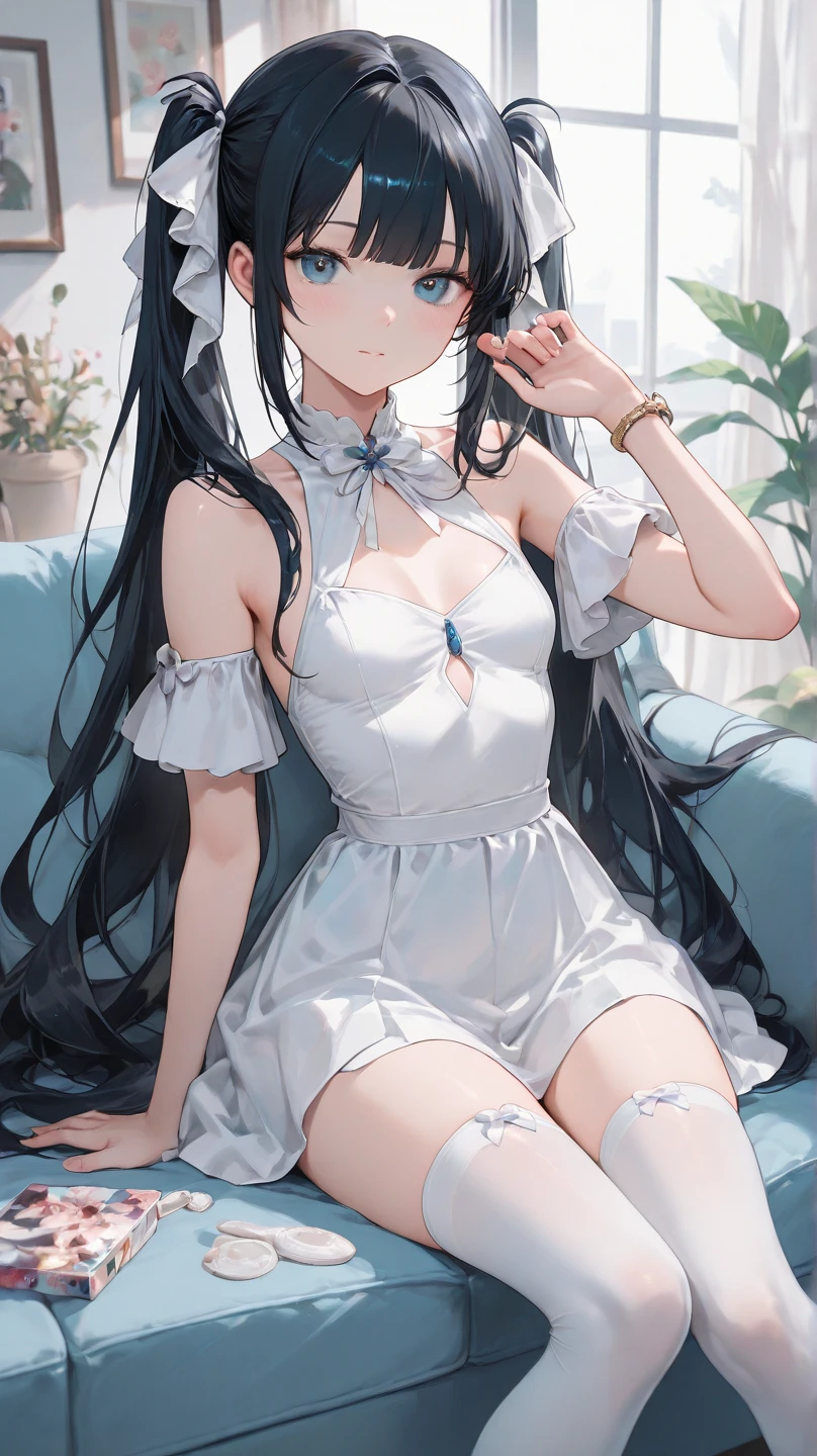 ,seductive Anime Girls, beautiful alluring Anime Women, Beautiful and attractive anime teen, beautiful Anime Women, attractive Anime Girls, beautiful Anime Girls, Smooth anime CG art, (Anime Girls), Long Hair, Anime Girls, Anime Women, Highly detailed art gems、After bath、Lying on your back、Lying down、Elevate your legs、White lace sleeveless、See-through white shorts、Perfect clothing for the skin、Thighs、Large Breasts、Ample breasts、Deep cleavage、just out of the bath、Embarrassed、smile、bed、Black Hair、はだけたThighs、Spread your legs、Transparency、Transparencyのある服