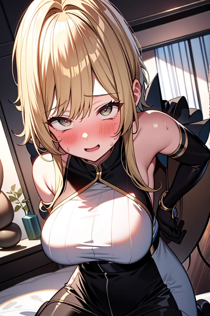LeinaQuiron woman, breasts, blush, blue eyes, blonde hair, large breasts, cleavage, braid, hairband, armor, twin braids, side braid, short hair with long locks, buckle, shield BREAK (masterpiece, best quality:1.3), 4k, ultra-detailed, trending in pixiv, intricate details, detailed background, detailed eyes, BREAK (in the castle, outdoors:1.4), BREAK 1girl, solo, (upper body, arm up, greeting, looking at viewer, smile, :d, blush:1.3), (contrast, light particles:1.2), (shiny skin:1.3)