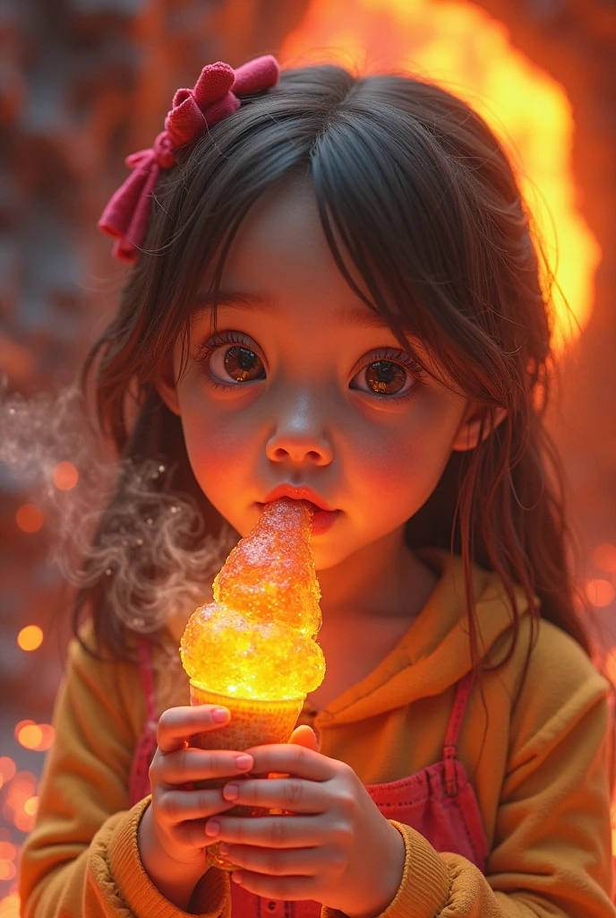 4K HD quality,Ridily scene details,A cute chubby little girl,Double bun and bangs,Wear a white panda hood,Very happy,With a torch,full body shot shot
