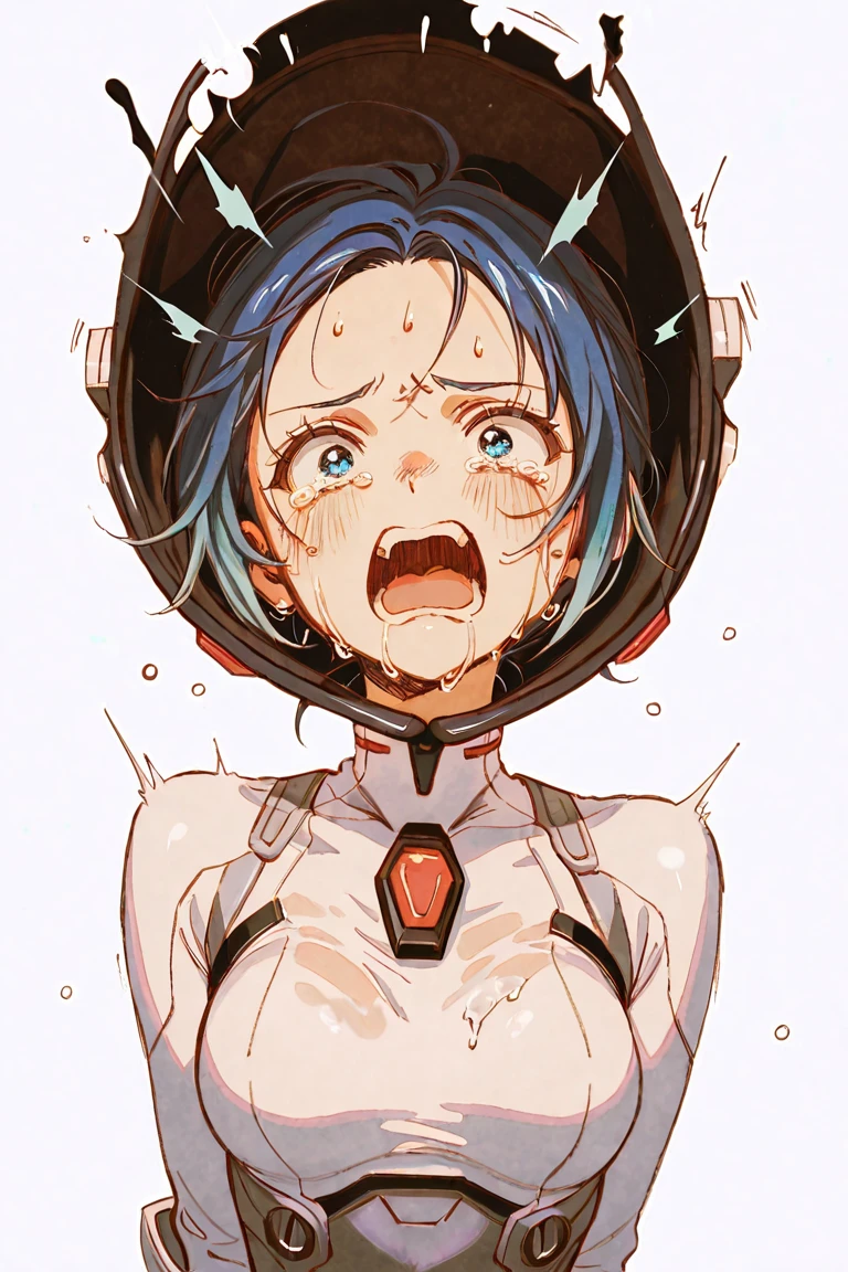 (Bukkake:1.9), One Girl, (Ahegao:1.8), Ayanami Rei, alone, Red eyes, Plug Suit, short hair, Blue Hair, chest, Bodysuits, Upper Body, White Background, white Bodysuits, Simple Background, Interface Headset, bangs, Mouth closed, Hair between the eyes, medium chest, medium quality, slow, 