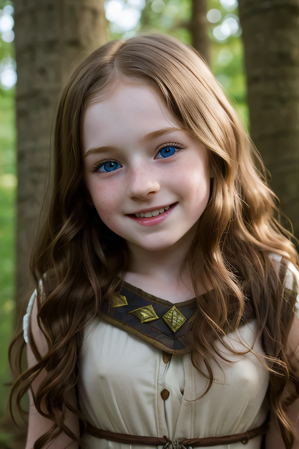 ((high resolution)), ((pale skin)), freckled, brunette ((11 year old)) girl, with blue eyes, blushing cheeks, wavy hair, smiling, large breasts, as a fantasy druid