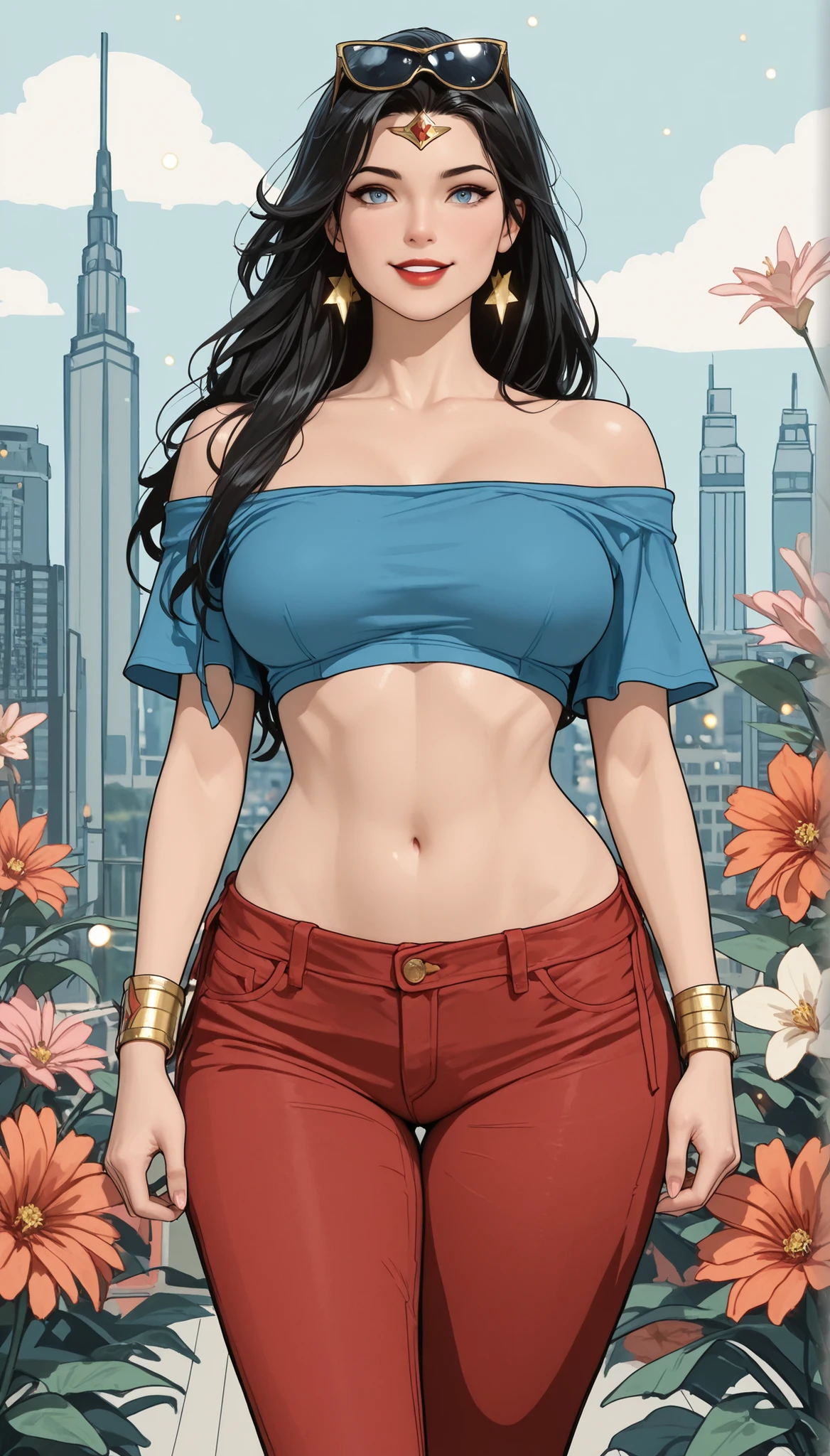 kajin, (beautiful brown eyes:1.5), Masterpiece, best quality, 1woman, long hair, black hair, wavy hair, big , sexy, hourglass figure, beautiful, cleavage, red lipstick, hoop earrings, camouflage printed tank top, Jean shorts, big ass, voluptuous, seducing, smiling, one woman, makeup, beautiful woman, very beautiful woman , pretty, public , gym, camouflage printed tank top, camo print, camo print tank top, Jean shorts, denim shorts, big cleavage, blue eyes, gym,facing vieiwer
