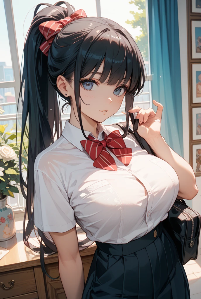 ((best quality ,masterpiece, top quality, ultra detailed, high-resolution, HDR, unity 8k wallpaper, extremely detailed CG, beautiful detailed, depth, fine-textured, super fine, crisp)), Room, Window, student council room, beautiful professional lighting , beautiful deatailed shadow, beautiful intricate composition, 1 Girl, (open shirt:1.8),(show off nipples:1.6), (exposing bare breasts:1.3), (exposed chest:1.3), (no bra:1.3) Detailed eyes:1.3, Detailed face:1.3, Change the expression without changing the face:1.5, mysterious, very bright colors, Soft Smile, looking at the viewer,beautiful fingers, beautiful hands, fingertip, nail, (pale red eyes:1.6), (short hair), (black hair) , small breasts, (eyelashes), slender, ponytail, (parted_bangs), shinomiya_kaguya, (perferct fingers), (perferct hands),kaguya shinomiya,folded ponytail, dress, collarbone, black dress, (school uniform), (shuuchiin academy school uniform), long sleeves, armband, ribbon, (red ribbon, neckband), (shy), (blush), smile,skirt lift by myself