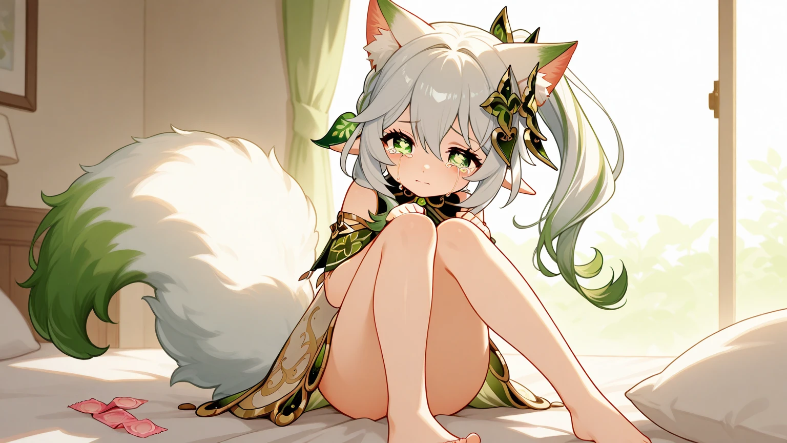 score_9, score_8_up, score_7_up, score_6_up, score_5_up, score_4_up, source_アニメ, uncensored, zPDXLxxx, intricate_details_xl, outdoors, sunlight, sunbeam, bamboo forest, depth of field,
nahida, 1girl, 独奏, green eyes, dress, white dress, pointy ears, cross-shaped pupils, + +, side ponytail, long hair, white hair, multicolored hair, hair ornament, looking at viewer, leaning forward, puff of air, hand on own knee, straight-on, sitting on tree stump, tongue out, closed mouth high quality, 8k Ultra HD, nahida tóc dài, very big breasts, fox ears and tail, crowned and wreathed head, two side hair bow, wear necklace, bracelet hand, thigh strap, legs wearing mesh socks, is wearing a unique outfit styled with an off-shoulder design and inspired by traditional Chinese costume.The character's costume is made of soft material., Smooth with intricate embroidery and delicate lace details. The costume is a combination of modern and traditional style., with a tight bodice and a flowing skirt that elegantly falls to the floor. Trên ngực có hình xăm succubus