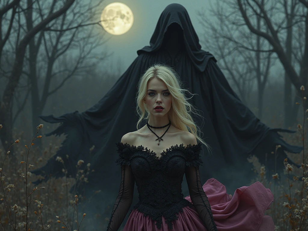 Create a cover for a book, that shows a dark and dense forest, and a woman with Asian features, beautiful and mesmerizing look, white hair short to the shoulders, White skin, bright light blue eyes, Duchess&#39;s attire, In the environment surrounding the girl there are many black shadows with glowing red eyes trying to catch the girl