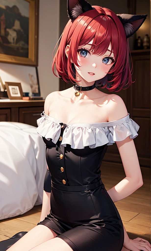 Lena Ryūg, Lena Ryugu, Orange hair, Short hair, Blue eyes, dye one's cheeks red,hat, The room was filled with a stuffy and heavy atmosphere., There are still traces of blood on the wall,eery, arma(machete),dead eyes,片手にmacheteを見ながらニッコリ、Psychopath horror、Bloody、Blood droplets,Black Bra,Black underwear,Black Garter Belt,straddle,Medium breasts,
BREAK indoors, bed,
BREAK (masutepiece:1.2), Best Quality, High resolution, Unity 8k壁纸, (Illustration:0.8), (Beautiful detailed eyes:1.6), extra detailed face, Perfect Lighting, extremely details CG, (Perfect hands, Perfect Anatomy),