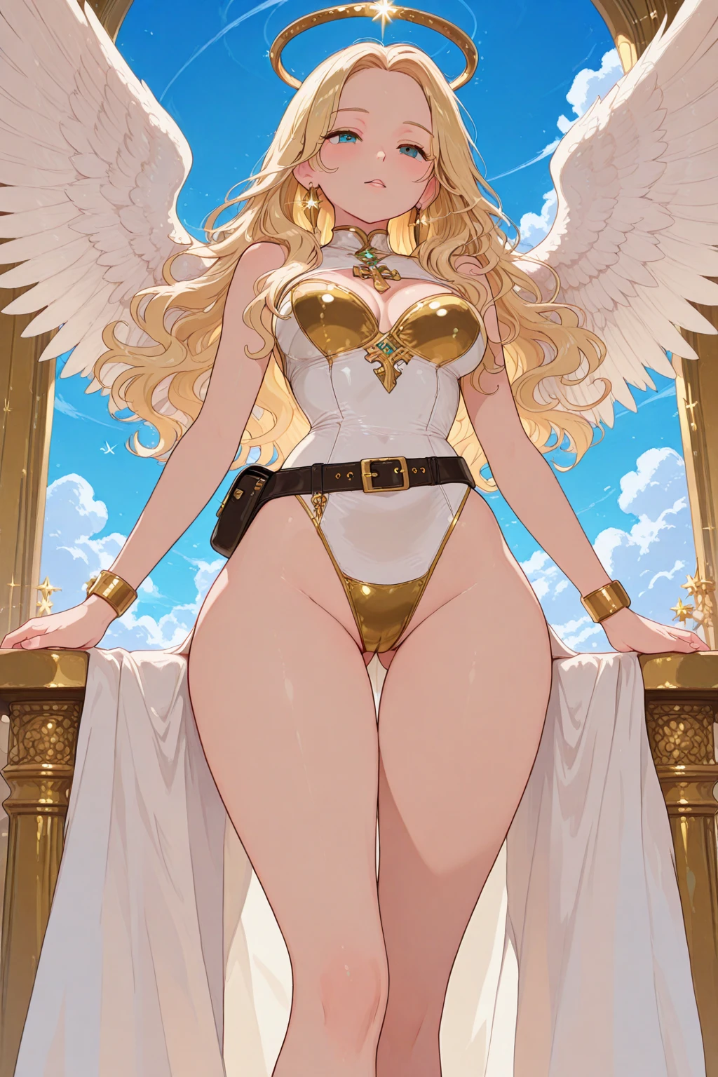 A priestess wearing a white bikini,Valkyrie、Beautiful long legs、Thick thighaternal、Body Length、chief、Sitting on the bed with legs stretched out、Wearing a golden tiara、Angel Wings,belly button,simple,Particles of light,Thighs,Shiny skin,Big Mouth、Perfect lighting, One adult woman, Open Mouth Smile、（Highest quality), maternal, Fair, porcelain-like skin、Big,光沢のあるsimple青い瞳、Very long honey blonde straight hair