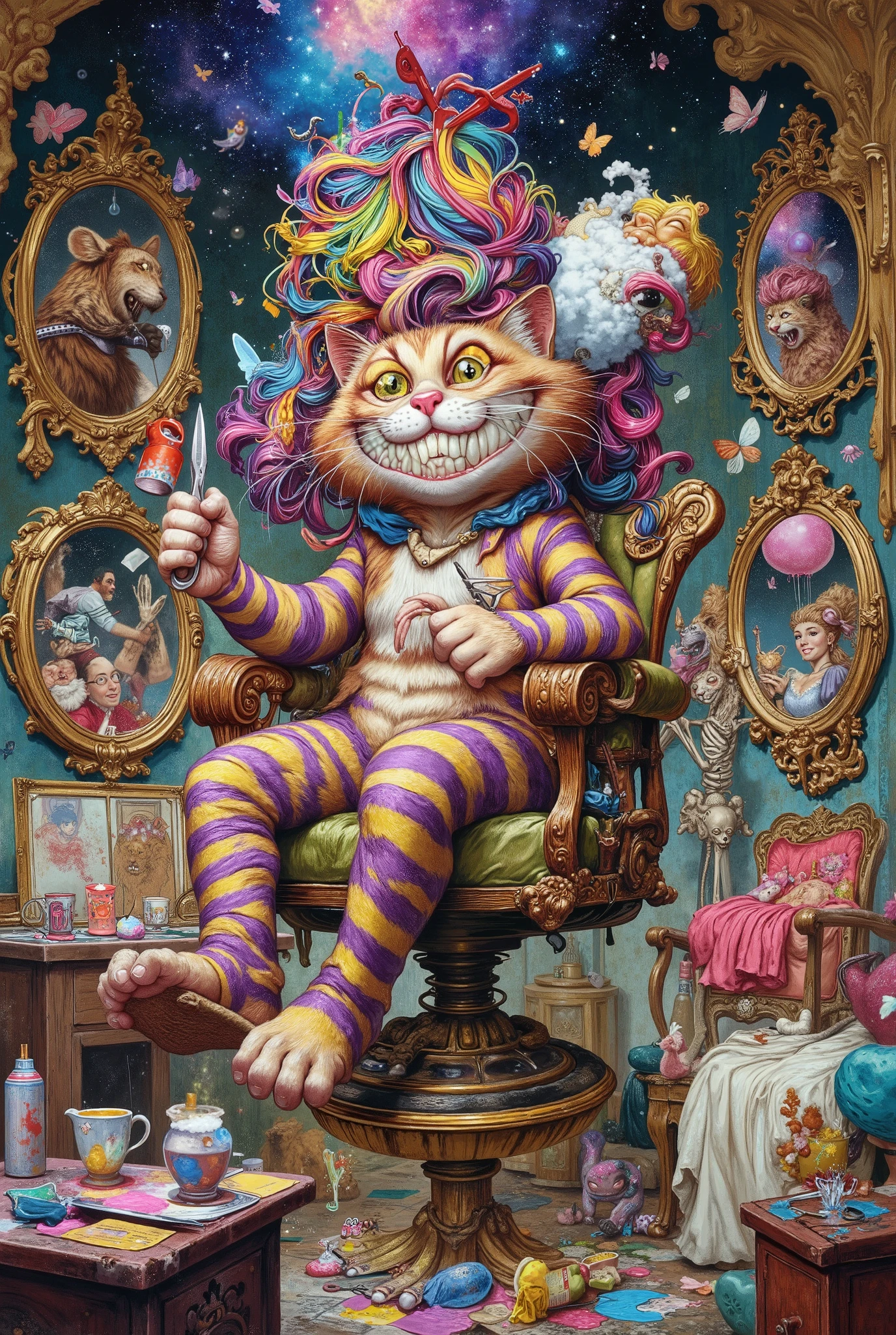 The Cheshire cat is a hairdresser in a surreal anime chaos! He sits in a floating hairdressing chair, which is held aloft by giant scissors and a comb. His fur shimmers with neon stripes, and his smile stretches to an incredible size, exposing rows of tiny mirrors in which customers are reflected. Instead of paws, he has bunches of hair that are expertly trimmed, curled and colored by several characters at once — among them the mad Hatter with rainbow curls, Alice with space instead of strands and a skeleton in a cloud of shampoo foam. The background is a maze of mirrors where reflections live their own lives: in one, a cat shaves a lion, in another he makes a mohawk to a dragon, in the third his own head floats away in the form of a balloon. Tea cups with paint fly in the background, scissors turn into butterflies, and hair comes to life and intertwines in the inscription: "Haircut or magic?". The style is a vibrant anime with elements of psychedelic surrealism: oversaturated colors, highlights like in a glossy magazine, dynamic shadows and sparkling contours. Every strand, every glint of cat's eyes (and there are only three of them, and all of them are different colors!), every drop of hairspray sparkles like a small galaxy
