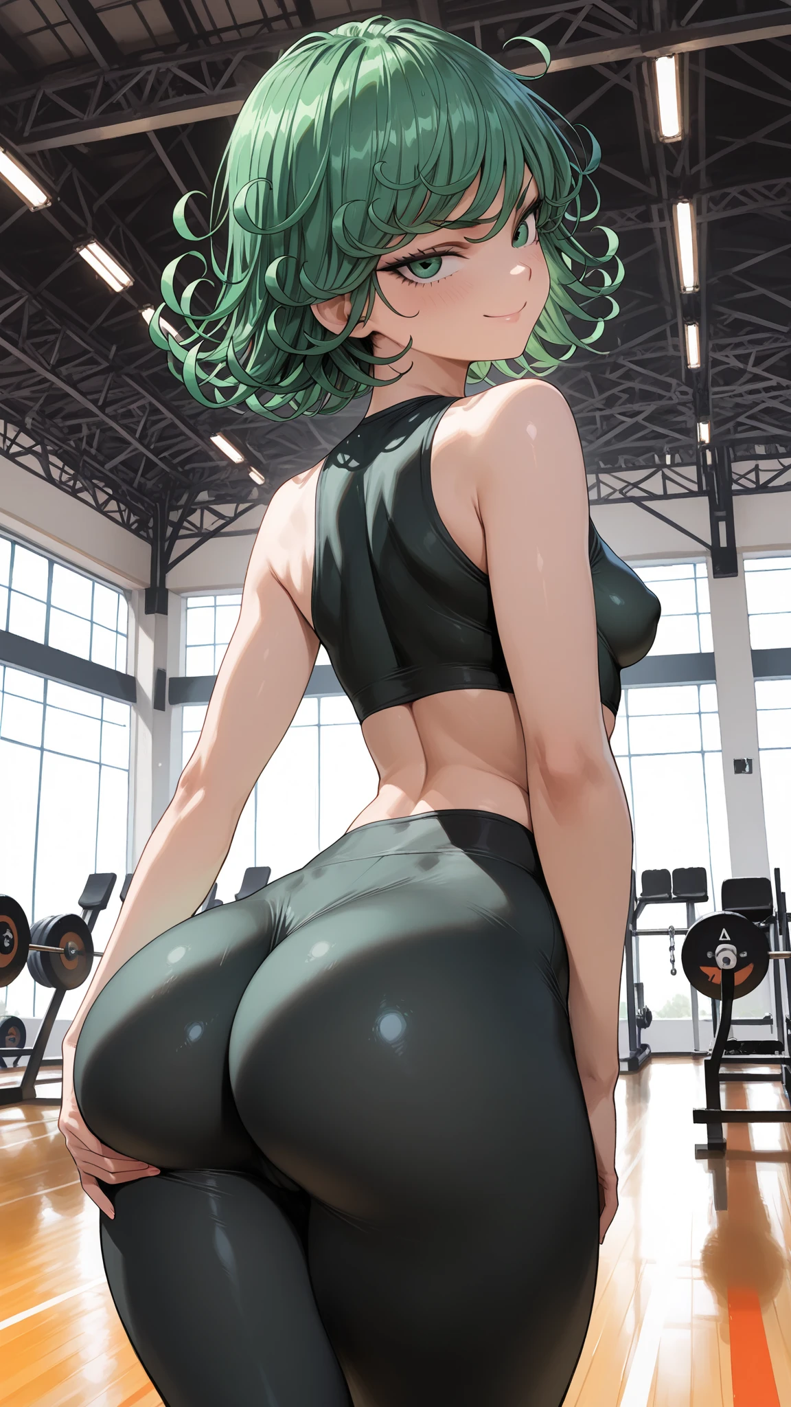 work of art, empty gym scene:1.2), (Tatsumaki de One Punch Man:1.2), (height of 150 centimeters and weight of 47 kg:1.2), (Perfectly proportioned body:1.1), (beautiful and shapely breasts, Steep buttocks:1.2), (Tasteful gym underwear that accentuates your curves:1.2), (bunda amostra:1,2), (a top that barely covers and offers enough coverage:1.1), (photograph taken at the gym with captivating backlighting against your buttocks:1.3), (capturing a discreet gaze towards the camera:1.2), (radiant skin glowing in the golden hour:1.2), (serene and attractive environment:1.1) 超detailded, insane details, beautifully color-graded, engine unreal, DOF, Super-resolution,Megapixels, Cinematic Lightning, Anti-aliasing, FKA, THAI, RTX,SSAO,Post-processing, Post production, Tone-mapping, cgi, Visual effects, sound effects, incredibly detailed and intricate , Hyper maximalist, hiper-realisitic, Volumetric, fotorrealisitic, ultra photoreal, ultra detali, details Intricate,8K, super verbose , full color, Volumetric lightning, hdr, realisitic, engine unreal, 16K, sharp focus. octane rendering
