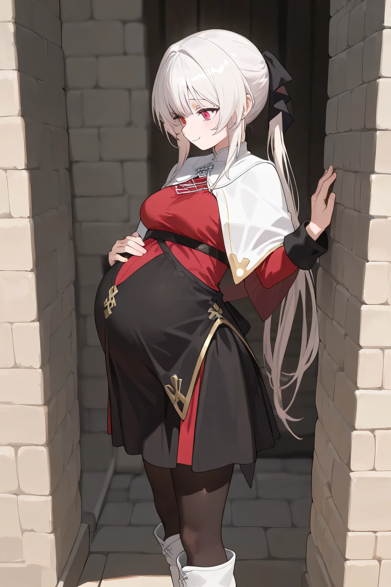 (Best quality, 4k, 8k, high resolution, masterpiece:1.2), ultra detailed, intricate details, beautiful girl, SOLO,  alone, long white hair, bangs, red colored eyes, small-medium breasts, perfect smooth skin, head tilted, (Pregnant:1.1), black ribbon hair, twin hair ribbon,  red fitted top, white capelet, short black skirt, black stockings, white boots, side view, smile lighly, at medieval town on streets, Hand on wall, looking down