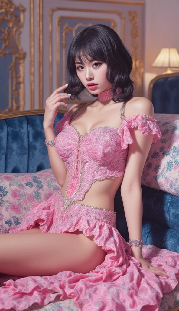 nsfw, sexy Thai princess, only 1 female, ((doll-like appearance)), short neon pink stylish hair, ((shiny Victorian-Style boots)), (big smile), ultra detailed eyes, vivid eye makeup, lipgloss, long lashes, defined eyebrows, ((sexy Paradise Kiss cosplay)), bell-shaped skirt, petticoats, high neckline, puffed sleeves, ((ultra detailed lace)), ((ultra detailed embroidery)), intricate details, Paradise Kiss accessoires and matching headpiece, choker, ((large sparkling Paradise Kiss jewelry)), cinematic light, detailed large park background with trees