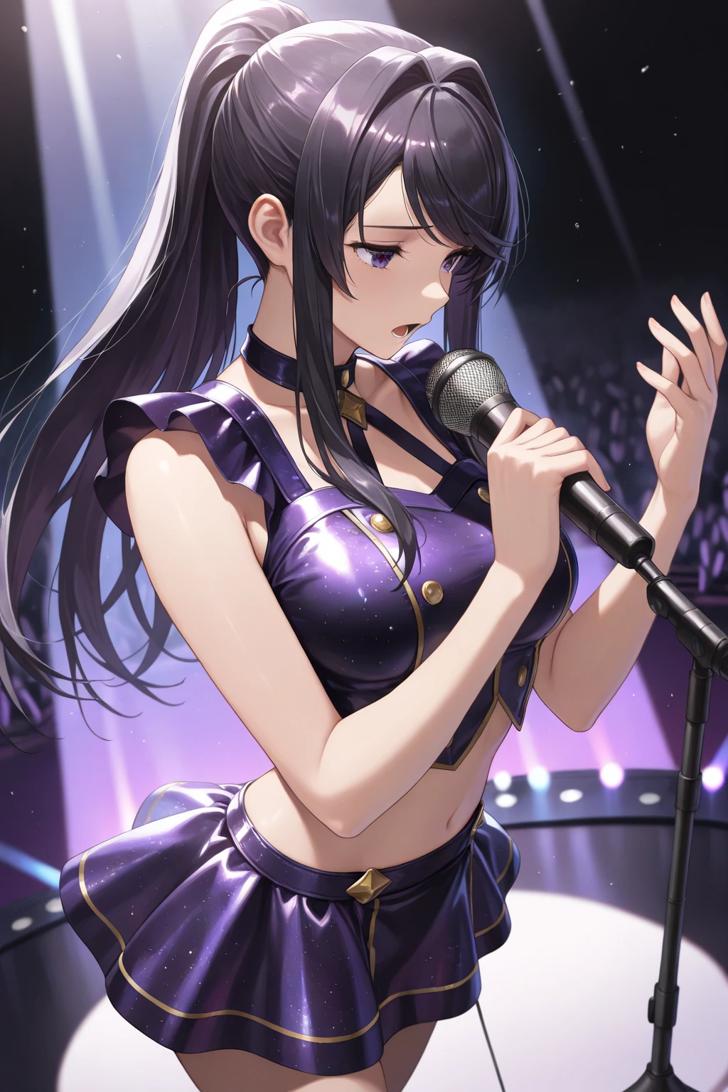 Upper Body, Realistic, real person, (pale skin: 1.2), RAW photo, photorealistic, shiny skin, shiny hair、(25 year old woman with bangs) and (black hair) and (purple eyes) , hair accessory, (white) and (idol girl) 、smile, open mouth, Singing and dancing on stage、