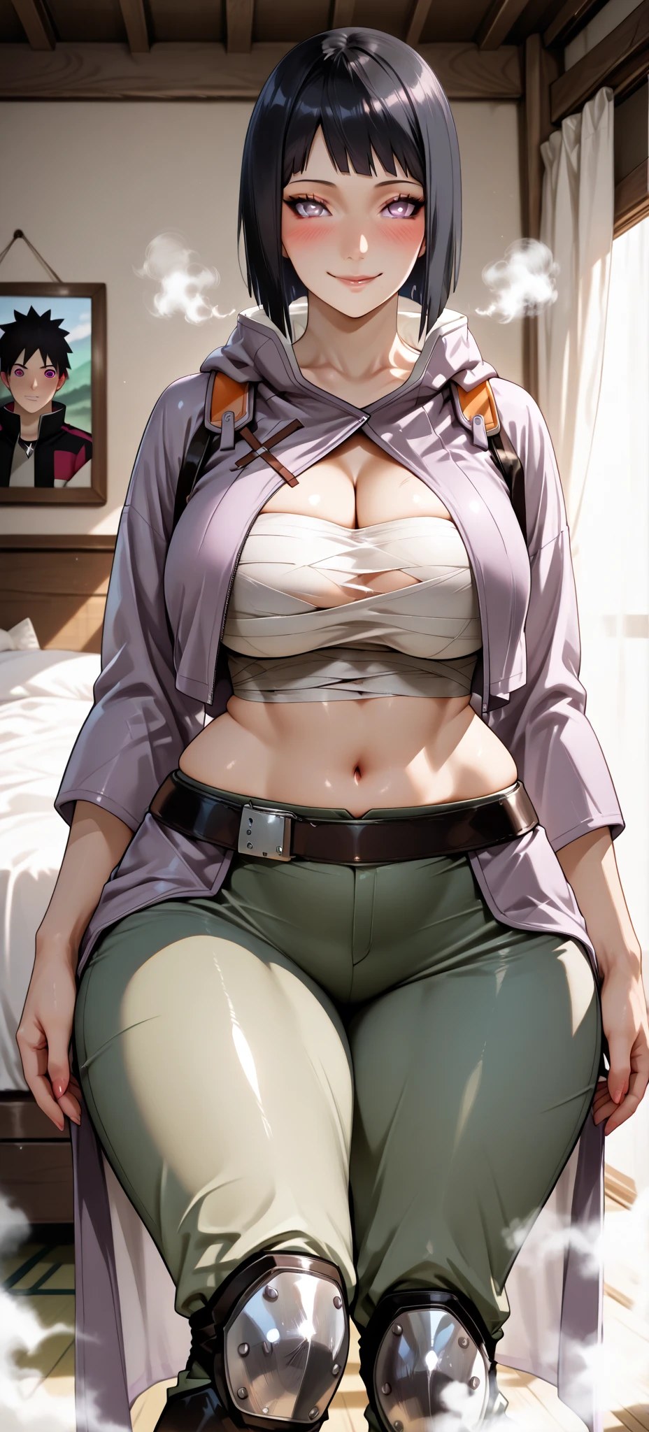 masterpiece, best quality, very aesthetic, absurdres, newest, 1girl, jeans, covered_crotch, solo,standing_split,tears in eyes,embarrassed, ,tsunade_(naruto), 1girl,black_pants, blonde_hair, breasts, brown_eyes, cleavage, coat, forehead_jewel, green_coat, grey_shirt, grin, large_breasts, long_hair,nail_polish, ninja, pants, red_nails, shirt,in female changing room,