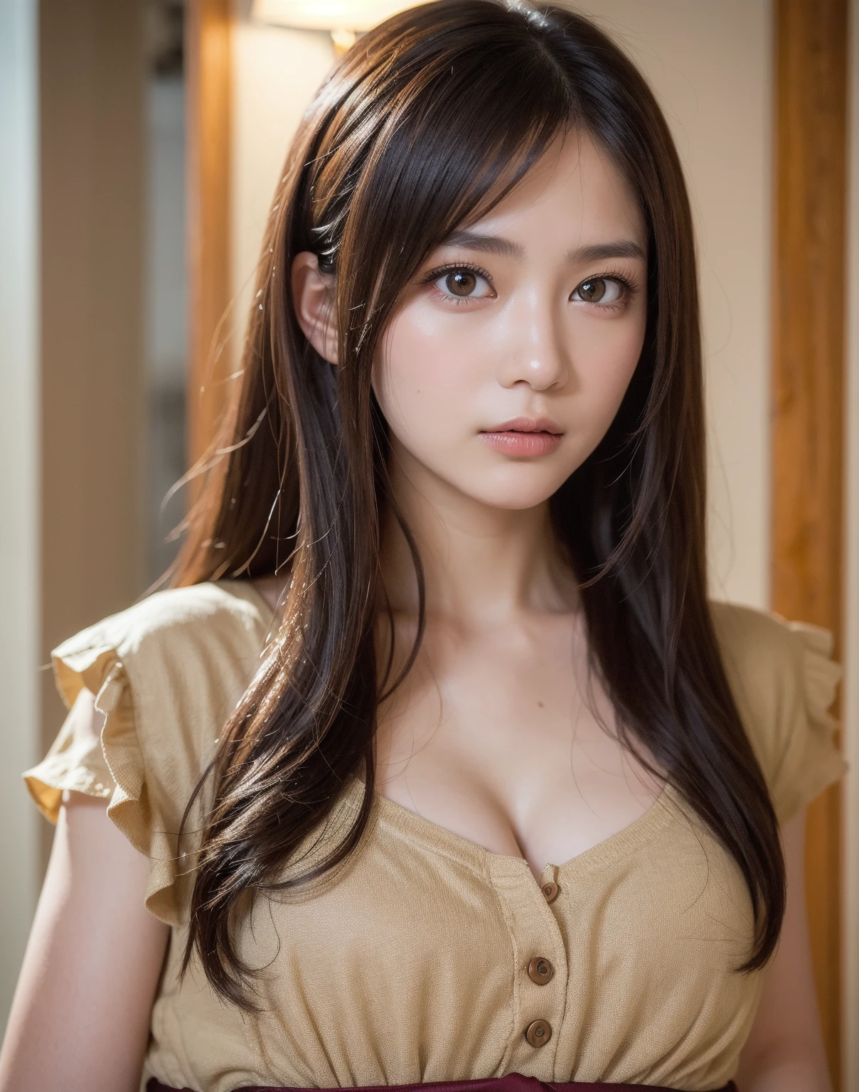 best quality, face focus, soft light, ultra high res, (photorealistic:1.4), RAW photo,
1japanese girl, solo, cute, (pupil, lights in the eyes), detailed beautiful face, (small chest),(high resolution detail of human skin texture),
(long hair),
indoor,
Damask Shirt Dress,
(portrait)