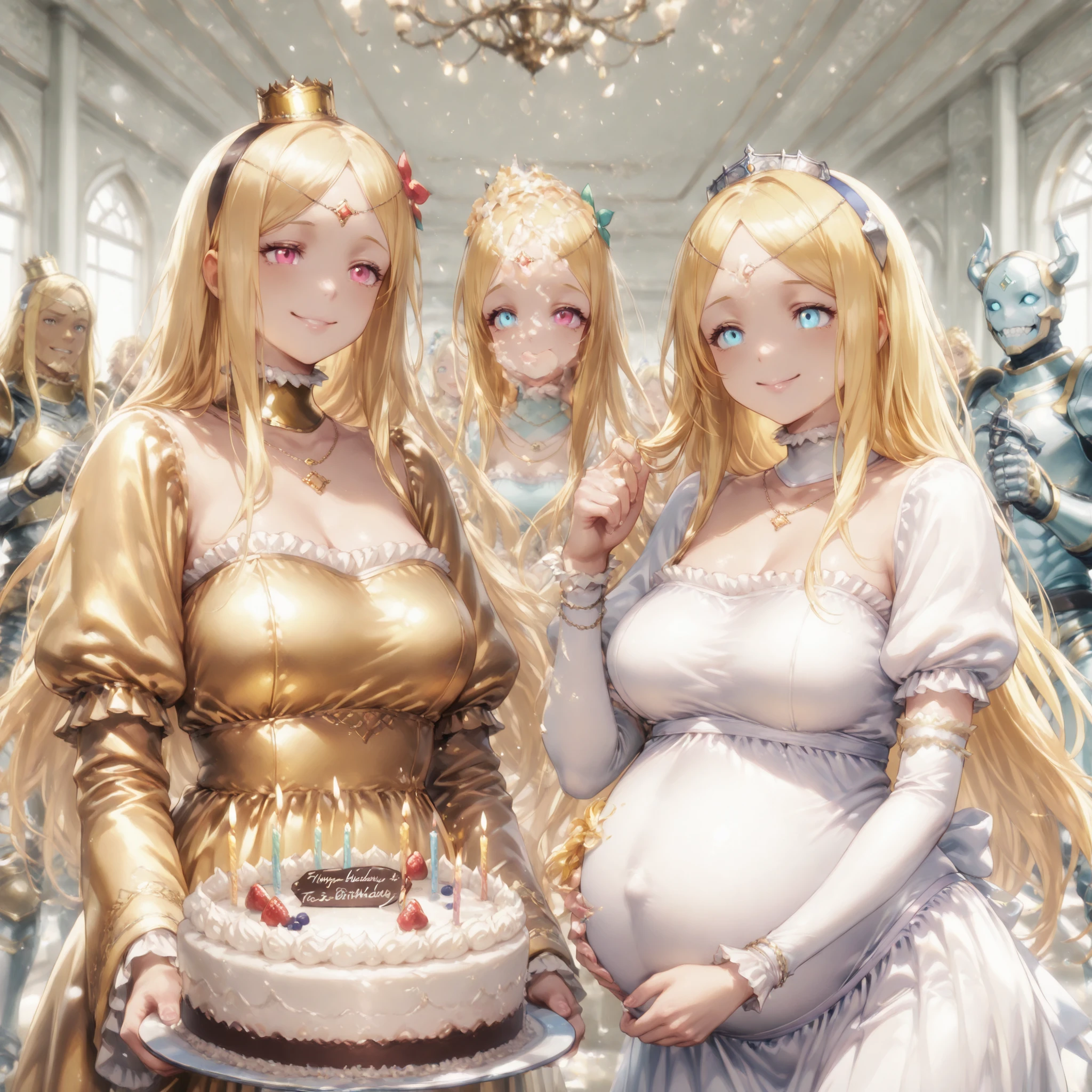 anime style, 16k, ultra high quality, photorealistic drawings,  is quite detailed, recipient A's hands on the floor, cinematic lighting, they smile and cheer They are looking at the birthday cake with.

(Mekan: Detailed character appearances, balonlarla dolu, filled with a cheerful and celebratory atmosphere. wears a fashionable dress and carries a gold necklace around their neck. Oda, A warm and inviting atmosphere has.)

(Karakterler:
 Alexander : middle eastern , wheat-skinned, strong , bulky, muscular, decorated with lights. She has festive clothes on, with a wavy.
Sword Maiden: 14 years old, uzun, blonde, soluk Blue-eyed,  with open forehead , pointed jaw and plump, chains with pink lips. Beyaz, gold-embroidered priestly robes. She has a cheerful expression on her face and her belly indicates that she is 7 months pregnant {x} She has a happy smile on her face and her belly indicates that she is 7 months pregnant.

Renner Theiere:14 years old Chardelon Ryle Vaiself: Uzun, golden color, women with average height and medium sized , Vivid , koyu mavi, has eyes that shine like sapphires. Beyaz, stand around and share this happy moment. birthday decorations and cake as a visual element becomes apparent.

Ariel Anemoi Asura: 15 years old, uzun, Golden-haired, Blue-eyed, cheerful and sincere a birthday party room, has a bright snow-white complexion suitable for a birthday party, with a very attractive face. on it, a warm and cheerful color palette and a soft focused background.)

(INTERACTION: All characters come together, There is a birthday cake with candles on it in the middle.  Alexander  pastayı kesmeye hazırlanıyor, are silky and have hair that stretches to the back of their neck.)

Sahne, Alexander is preparing to cut the cake, with long hair and long beard, full of realistic light and shadows; all characters are distinct and clear, has elegant clothes and her belly shows that she is 7 months pregnant.