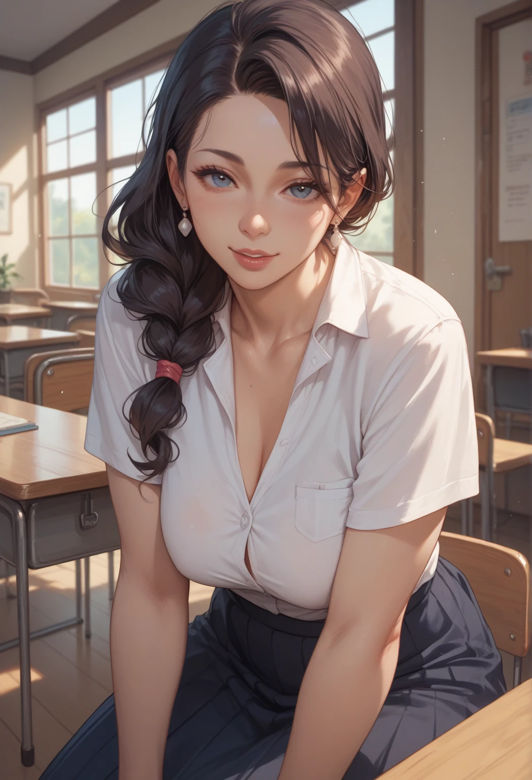(masterpiece, best quality), 1girl, solo, brown hair, curly hair, large breasts, pale skin, long eyelashes, sitting, upper body, looking at viewer, elbow rest, parted lips, seductive smile, sexually suggestive, cleavage, mascara, necklace, bangle, earrings, teacher, milf, 36 year old mature woman, slender woman, tshirt, teacher, tight jeans, classroom, white boardhair tied back in loose ponytail, tiny , leaning over desk, eyes half closed, tanktop, squiting, arms extended outward, about to kiss viewer