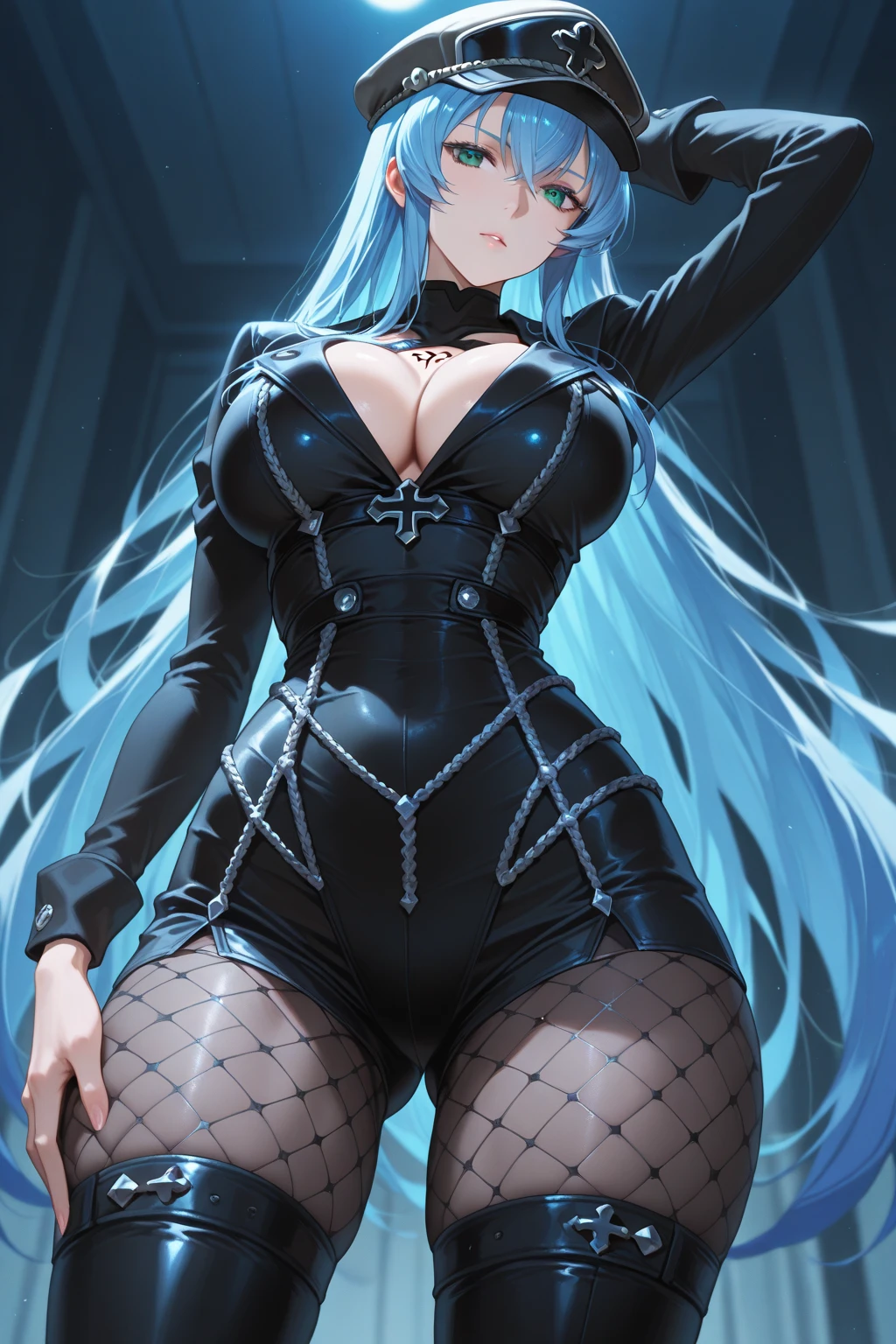 Striped hair,cabellos largos dorados， french braid, mismatched pupils, Chiaroscuro,illuminating, Gothic art, 16k, Best quality, Anatomically correct, High details，lewd nun，Leather bandages，Metal chains，leg loops，Blindfolds，huge tit，(areola of breast)