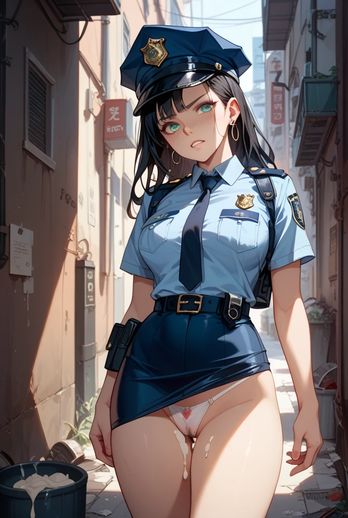 Black Hair　Beautiful breasts　clear　Short Bob　hair band　policewoman　White panties　Beautiful feet　Black shoes　In town