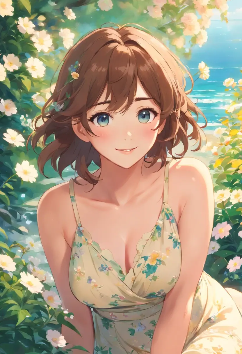 beautiful detailed eyes,beautiful detailed lips,curly hair,longeyelashes,gorgeous face,smiling,summer dress,relaxed pose,surrounded by flowers,soft lighting,romantic atmosphere,impressionistic painting style,vibrant colors,warm color tone.big boobs