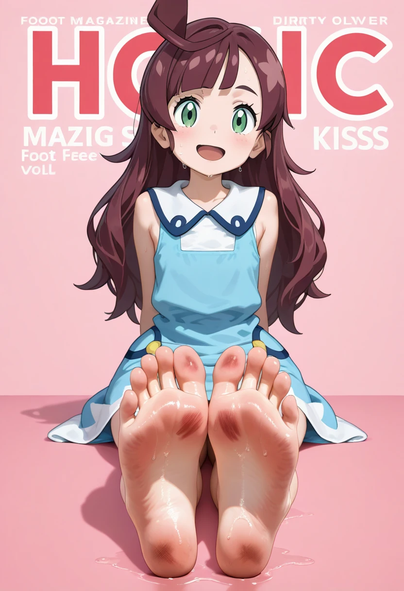 wallpaper,hoodie,The background is in the room, Long hair,best quality, Very detailed, masterpiece, Extremely detailed, illustration, Sky,Foot Focus, giggle, barefoot,Stinky feet,Steam around feet,脚底Sweating很多,There are a lot of water drops on the soles of feet,Water dripping from the soles of feet,Sweating all over,Sweating,Pink Eyes,Sweatshirt,Brown hair,There is a cute five-pointed star hairpin on the hair,Each foot can only have five toes