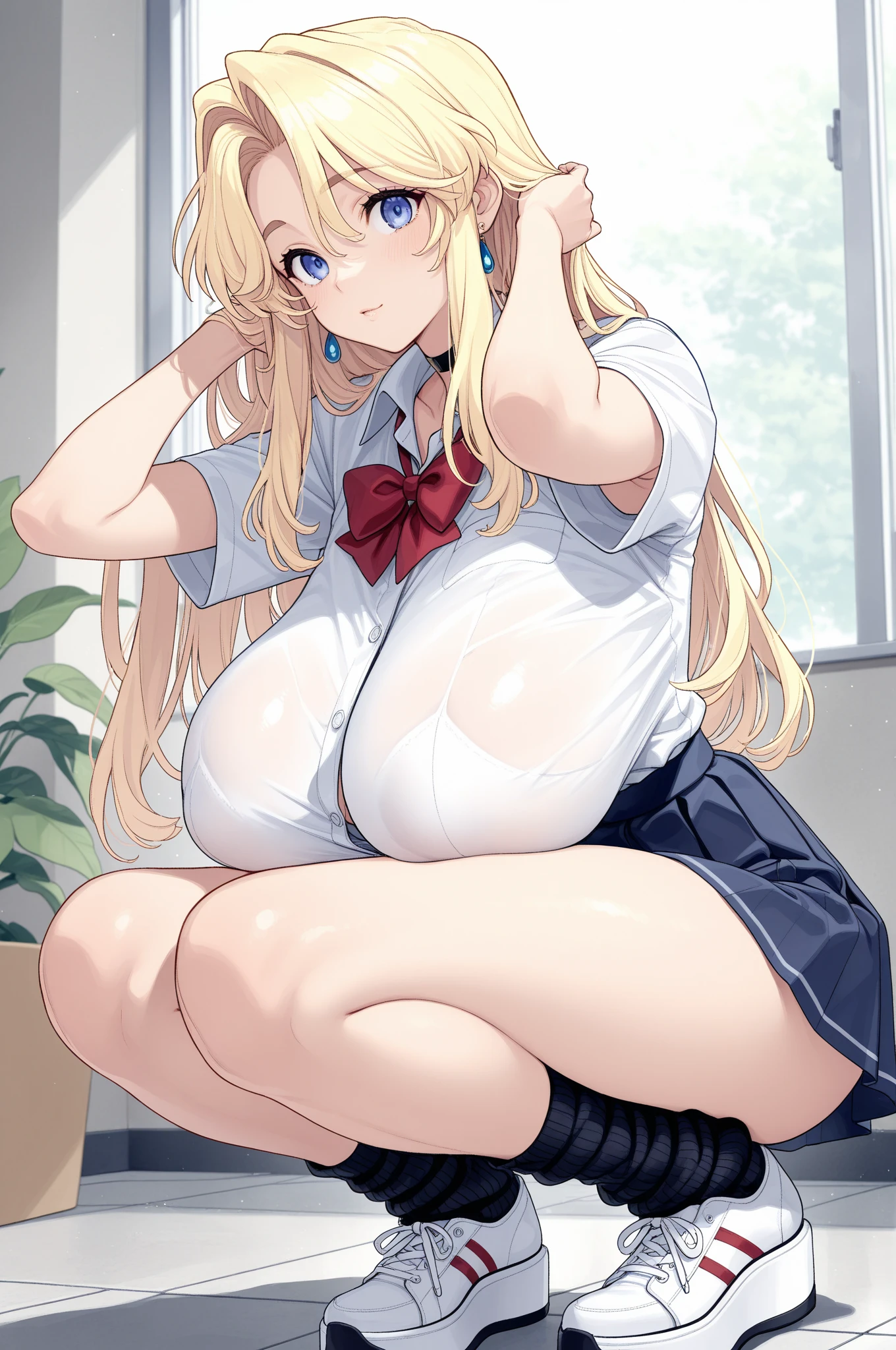 (Highest quality:1.2, Anime works, Very detailed, High detail, digital coloring, High Contrast, masterpiece:1.2, Highest quality, Best aesthetics), (((Kitagawa Marine, 1 Girl))), Blonde, Straight Long Hair, Pink gradient hair, Red eyes, Earrings, White shirt, Black Choker, Blue tie, Check skirt, Grin, smile, The pose is random、 Cowboy Shot, Cute room、Girly room、Room with bright lighting、White Wallpaper、Stuffed toys near the pillow、Sit on the bed、Leg spread、Huge breasts、See-through 、Thin fabric shirt、The color of underwear is random、Stick your ass out