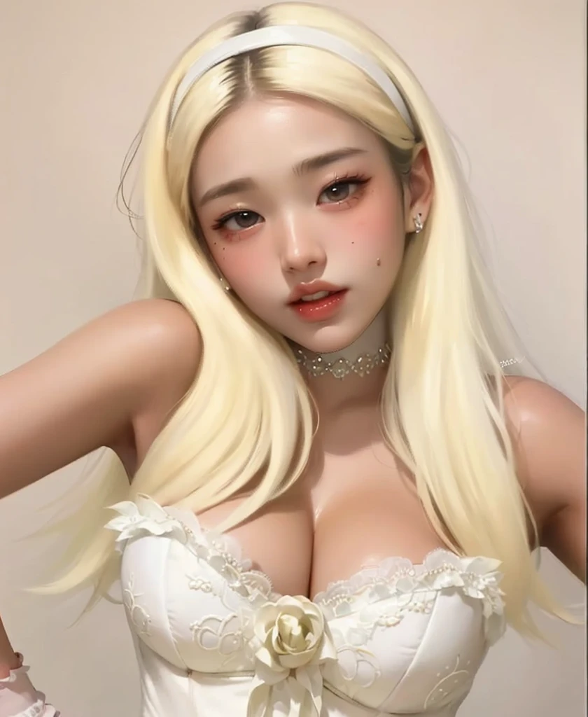 (realistic、masterpiece、Best Quality、8K、highres、high resolution:1.3)、1 girl、Huge breasts、white bikini、pale white skin、looking at viewers、super fine face and eyes、long blonde hair、indoor、 upper body、